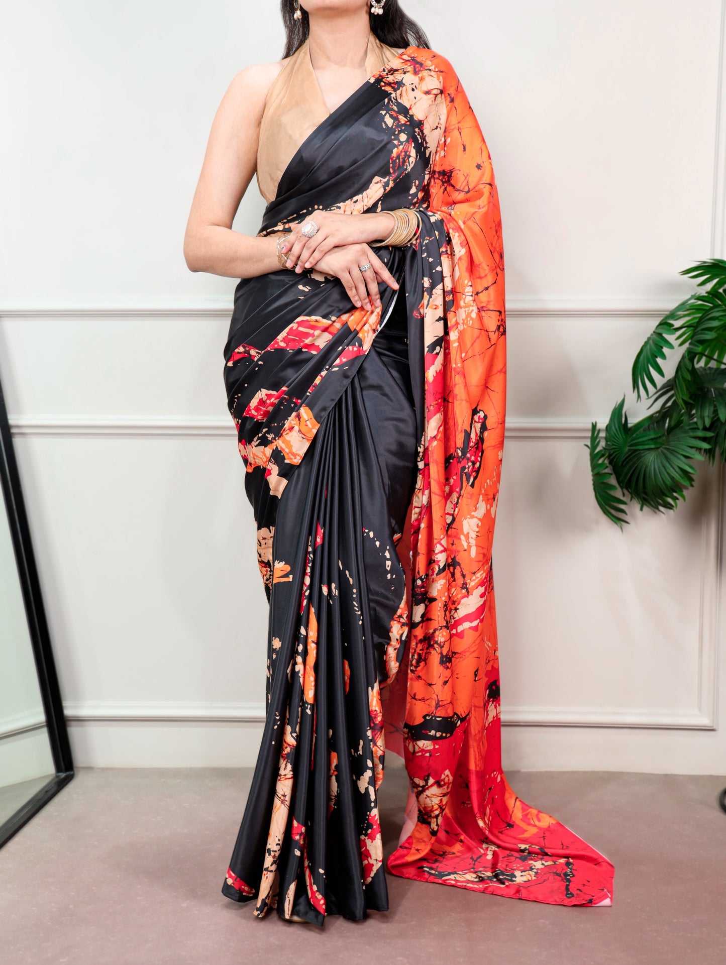 Elegant Abstract Printed Satin Silk Saree Collection with Contrast Borders
