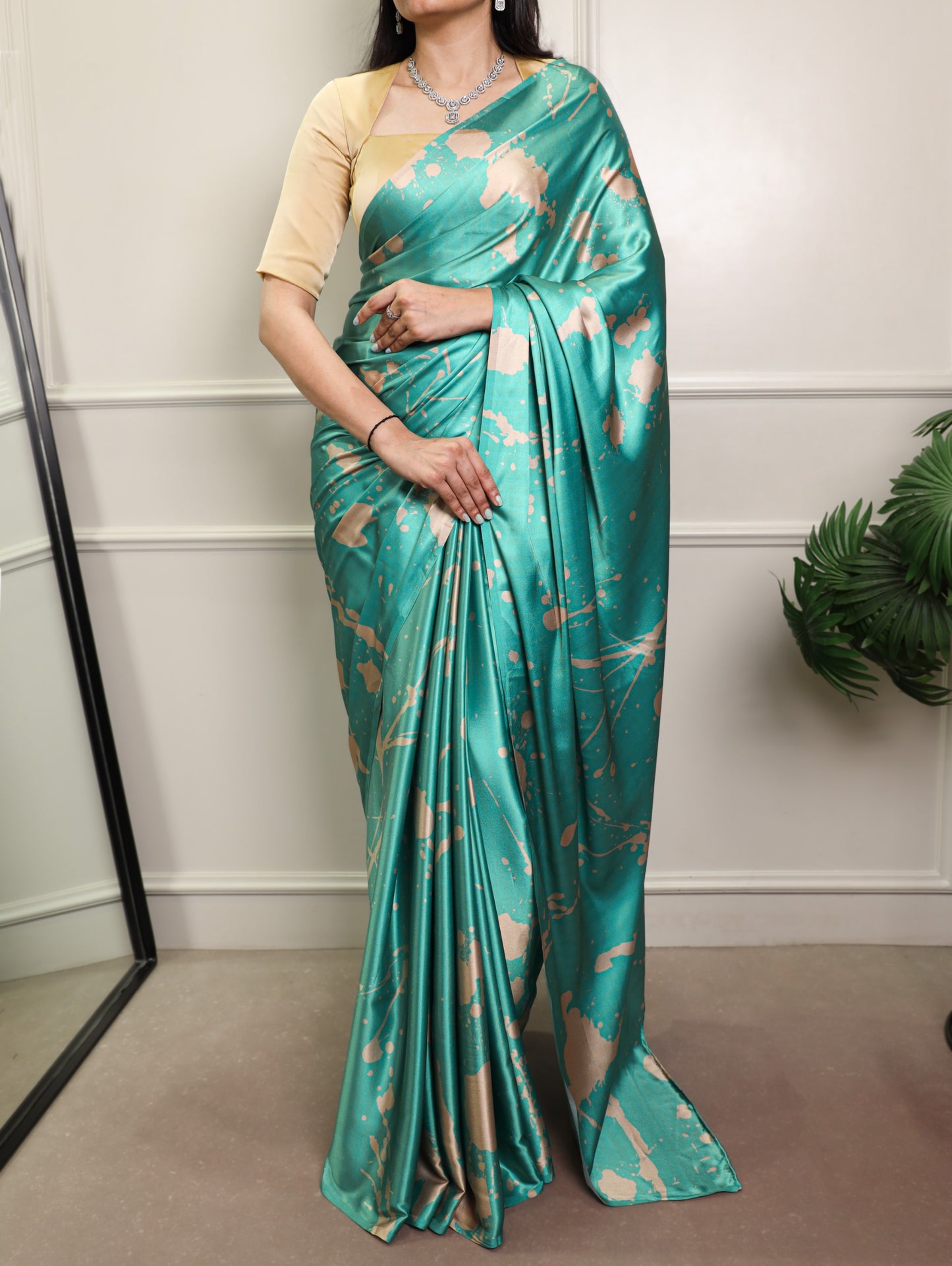 Elegant Abstract Printed Satin Silk Saree Collection with Contrast Borders
