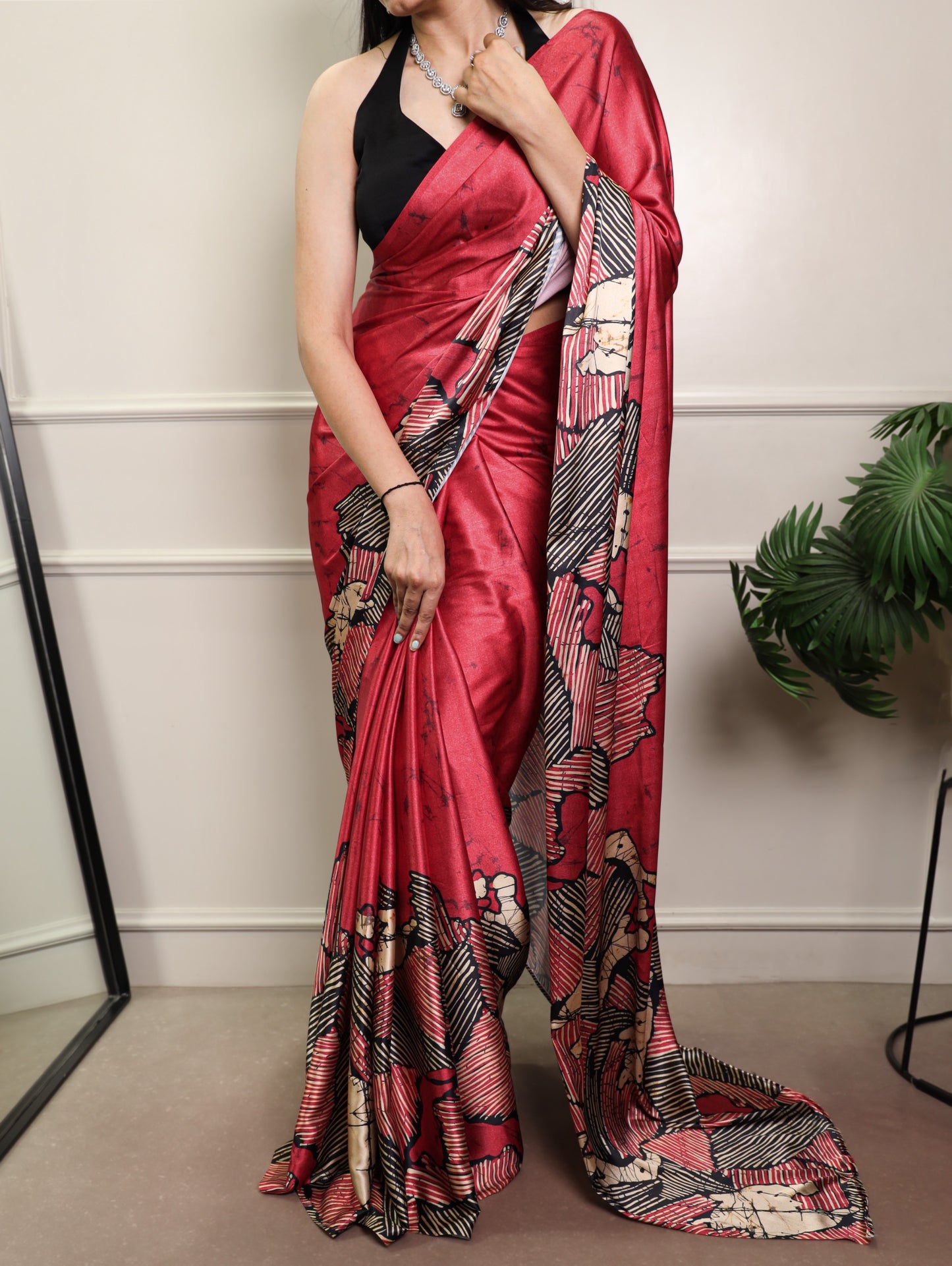 Elegant Abstract Printed Satin Silk Saree Collection with Contrast Borders