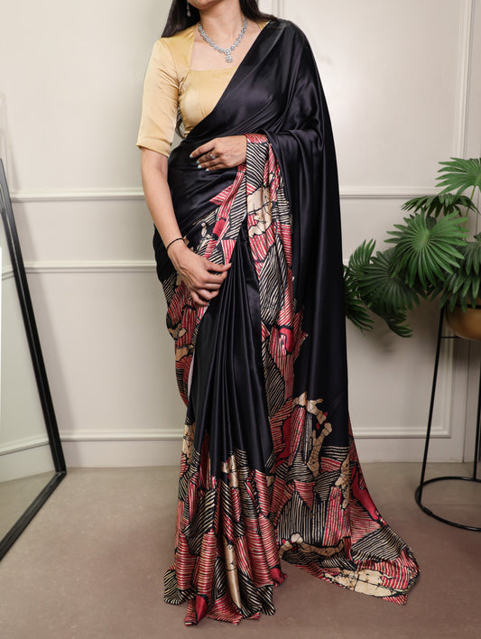 Elegant Abstract Printed Satin Silk Saree Collection with Contrast Borders