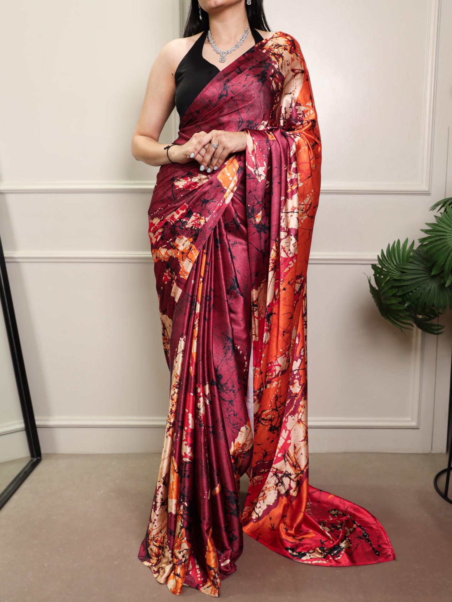 Elegant Abstract Printed Satin Silk Saree Collection with Contrast Borders