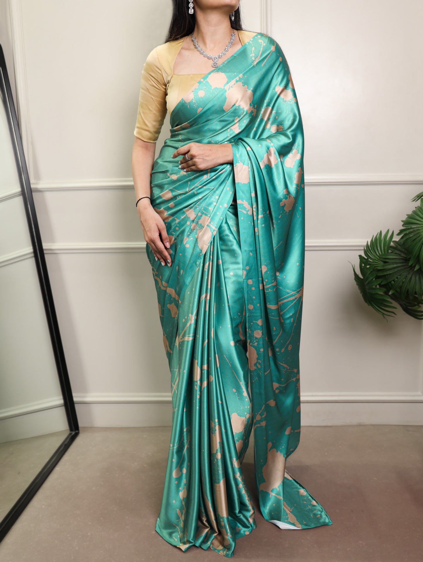 Elegant Abstract Printed Satin Silk Saree Collection with Contrast Borders