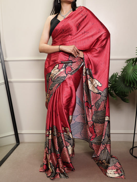 Elegant Abstract Printed Satin Silk Saree Collection with Contrast Borders