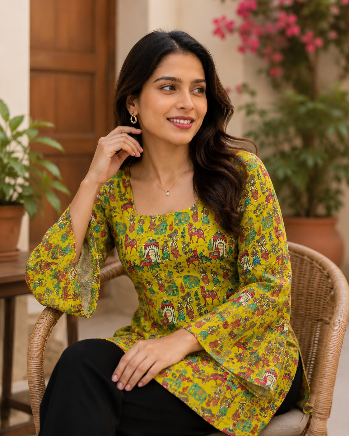 " ELEGANT WOMEN'S RAYON TOP | FLORAL PRINT, BELL SLEEVES & BACK DORI STYLE"