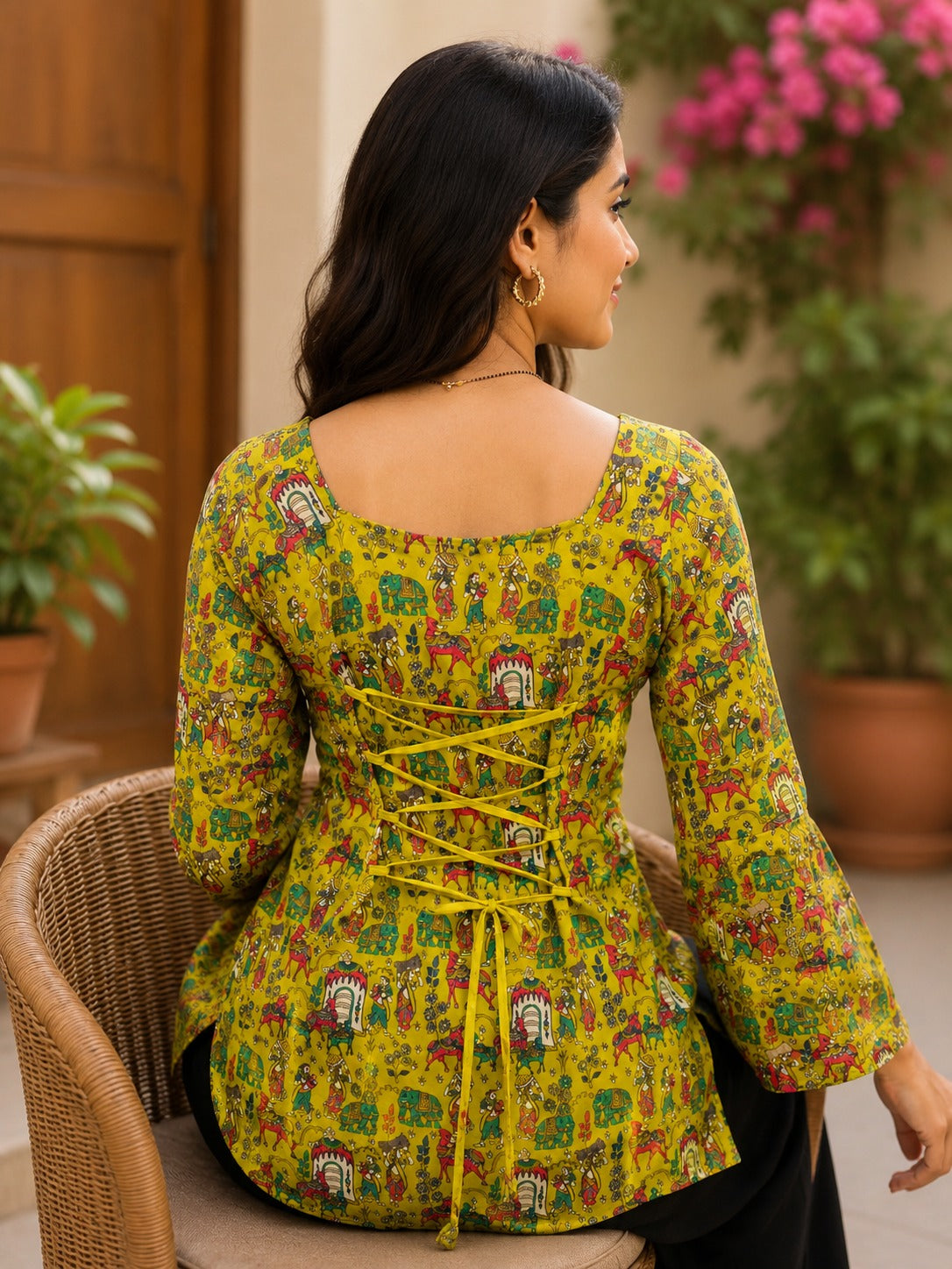 " ELEGANT WOMEN'S RAYON TOP | FLORAL PRINT, BELL SLEEVES & BACK DORI STYLE"