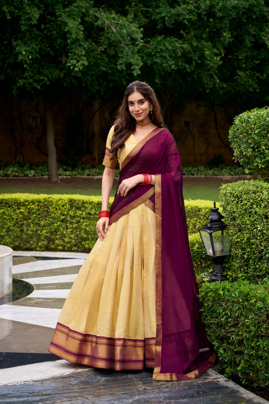 The golden charm of zari, the grace of Kanchipuram — a half saree that celebrates timeless tradition 🪷