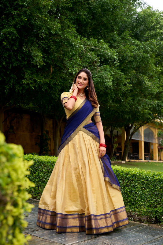 The golden charm of zari, the grace of Kanchipuram — a half saree that celebrates timeless tradition 🪷