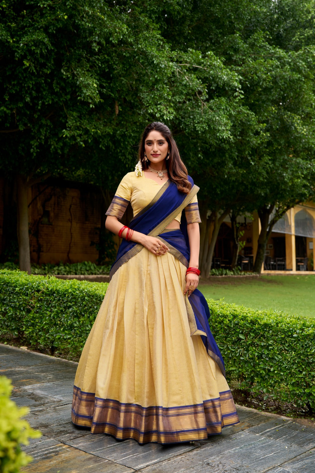 The golden charm of zari, the grace of Kanchipuram — a half saree that celebrates timeless tradition 🪷