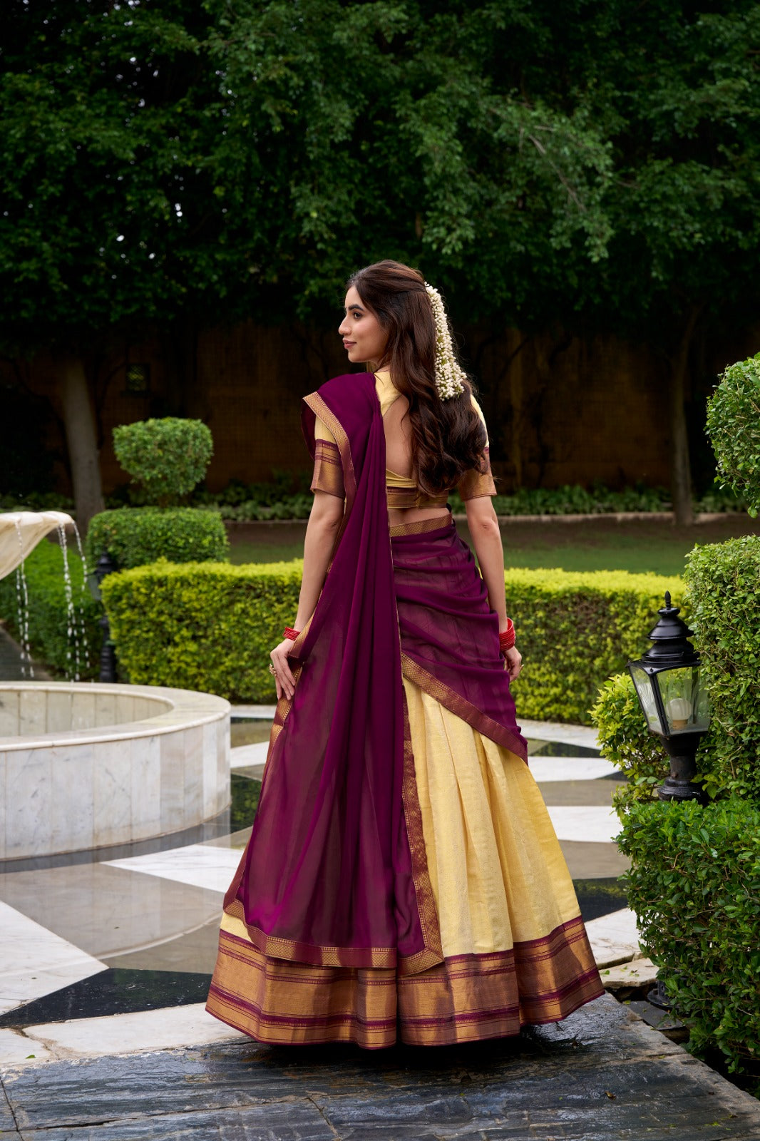 The golden charm of zari, the grace of Kanchipuram — a half saree that celebrates timeless tradition 🪷