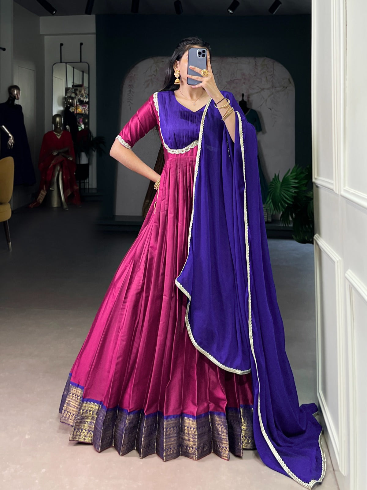 The soft sheen of silk, the charm of tradition, and the elegance of color — this Aura Silk gown is made for you 🎀