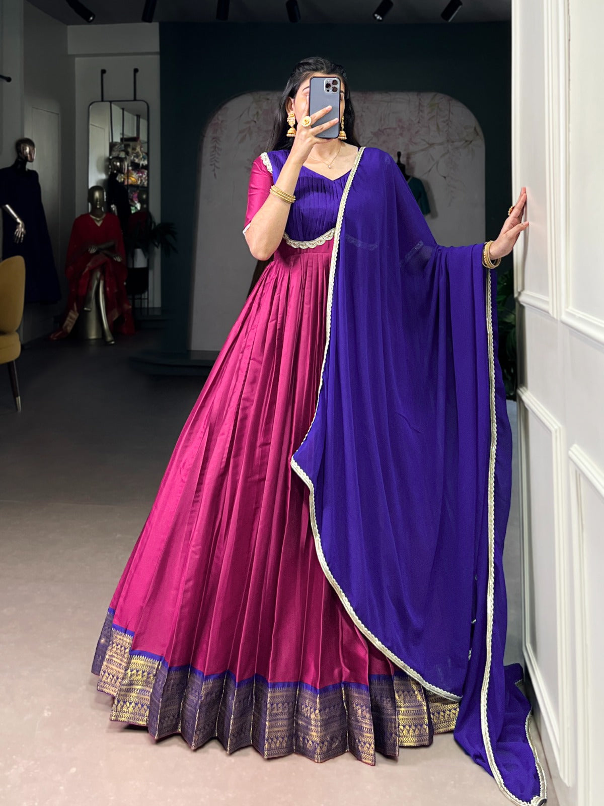 The soft sheen of silk, the charm of tradition, and the elegance of color — this Aura Silk gown is made for you 🎀