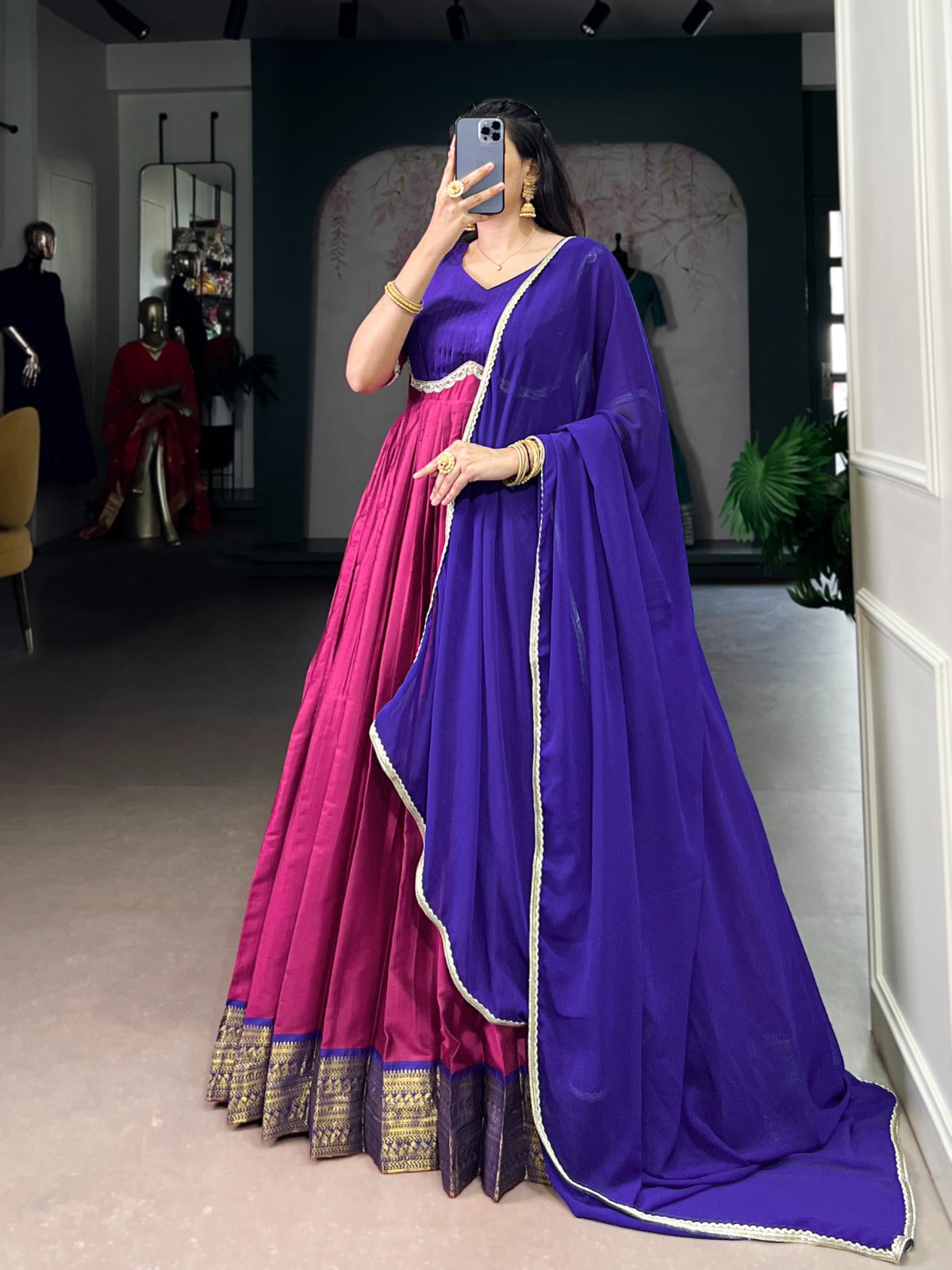 The soft sheen of silk, the charm of tradition, and the elegance of color — this Aura Silk gown is made for you 🎀