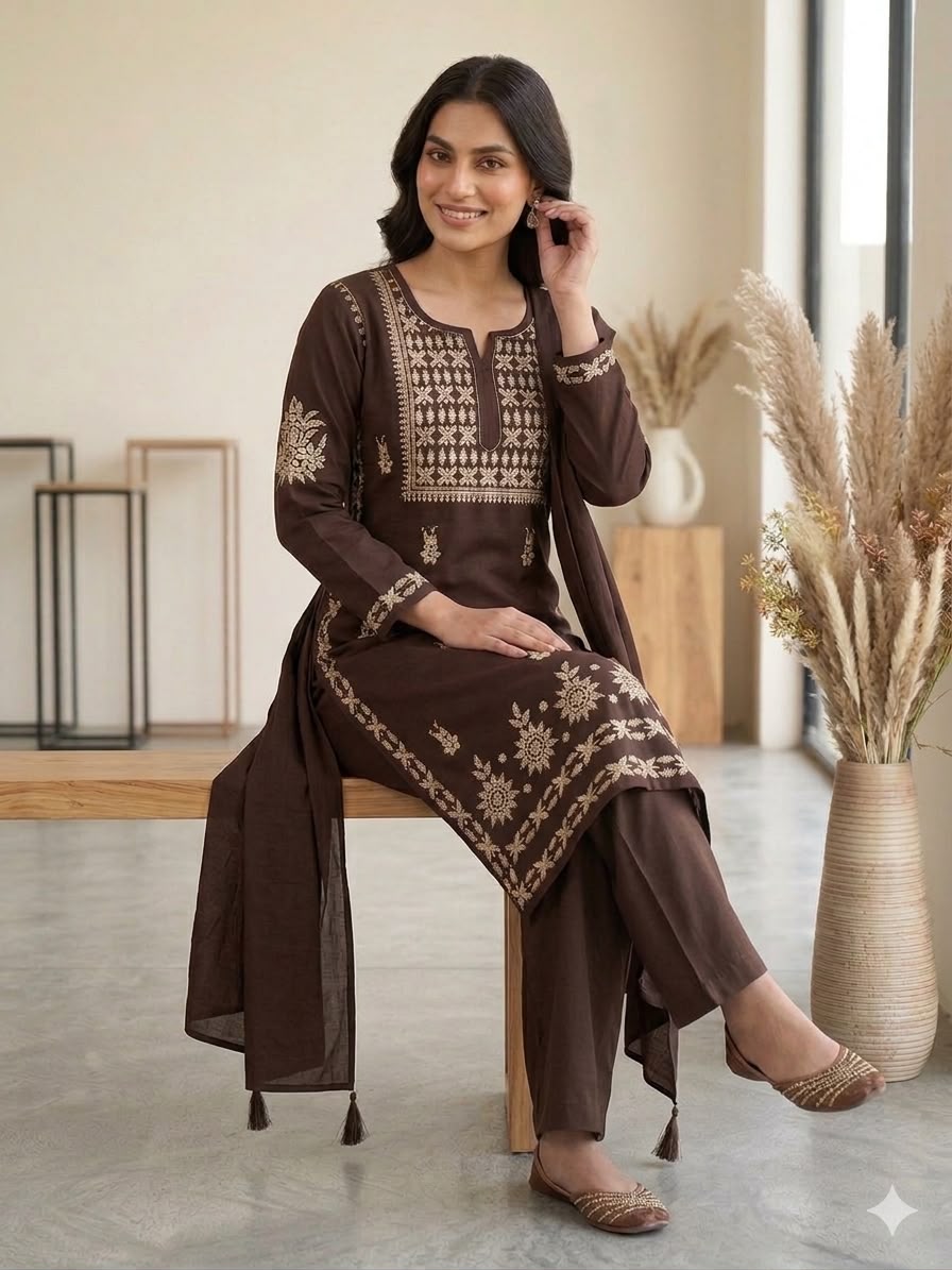 THIS SEASON, TRY OUR DESIGNER CHIKANKARI EMBROIDERED WORKED TOP PLAZZO WITH DUPATTA