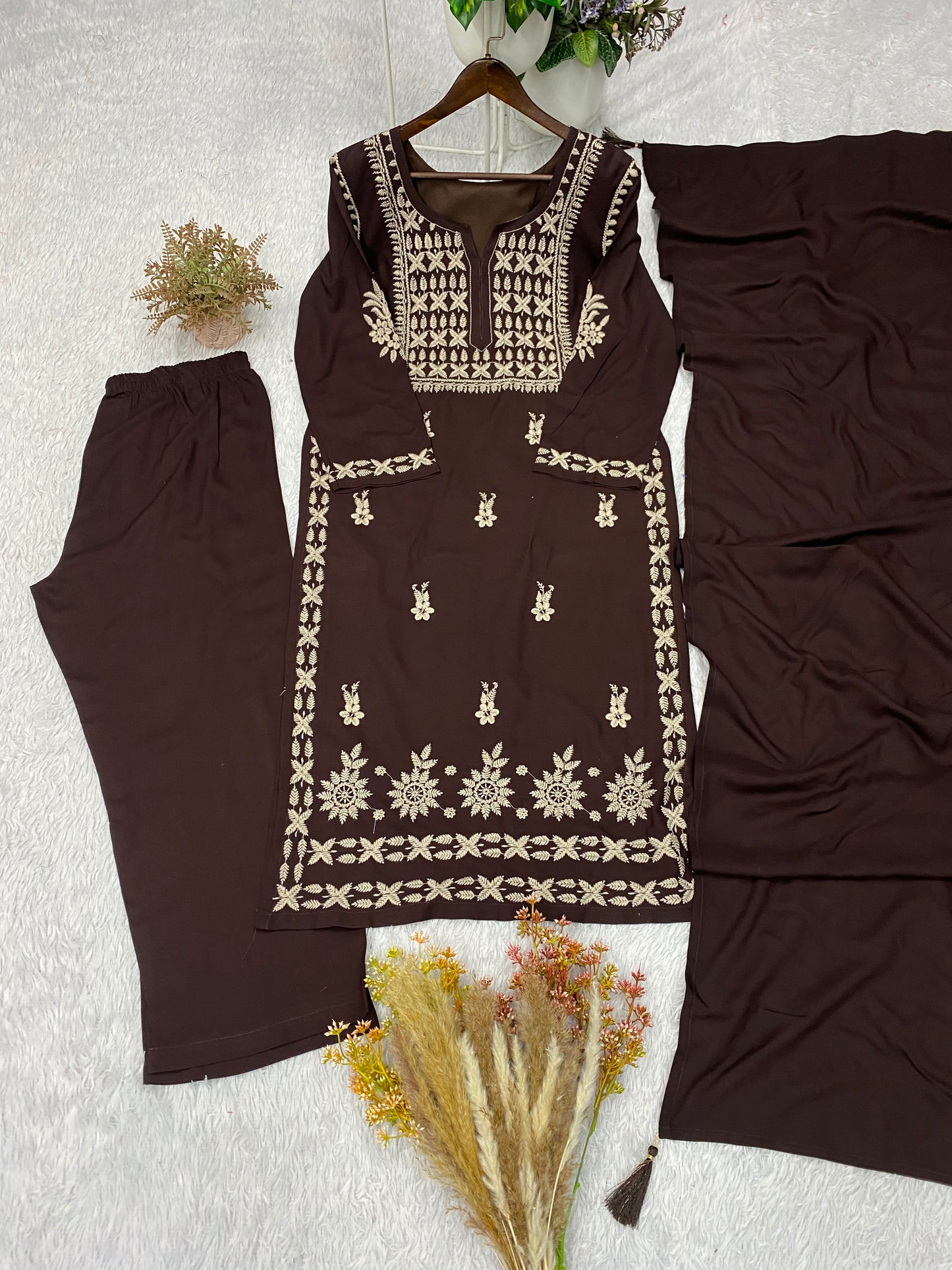 THIS SEASON, TRY OUR DESIGNER CHIKANKARI EMBROIDERED WORKED TOP PLAZZO WITH DUPATTA
