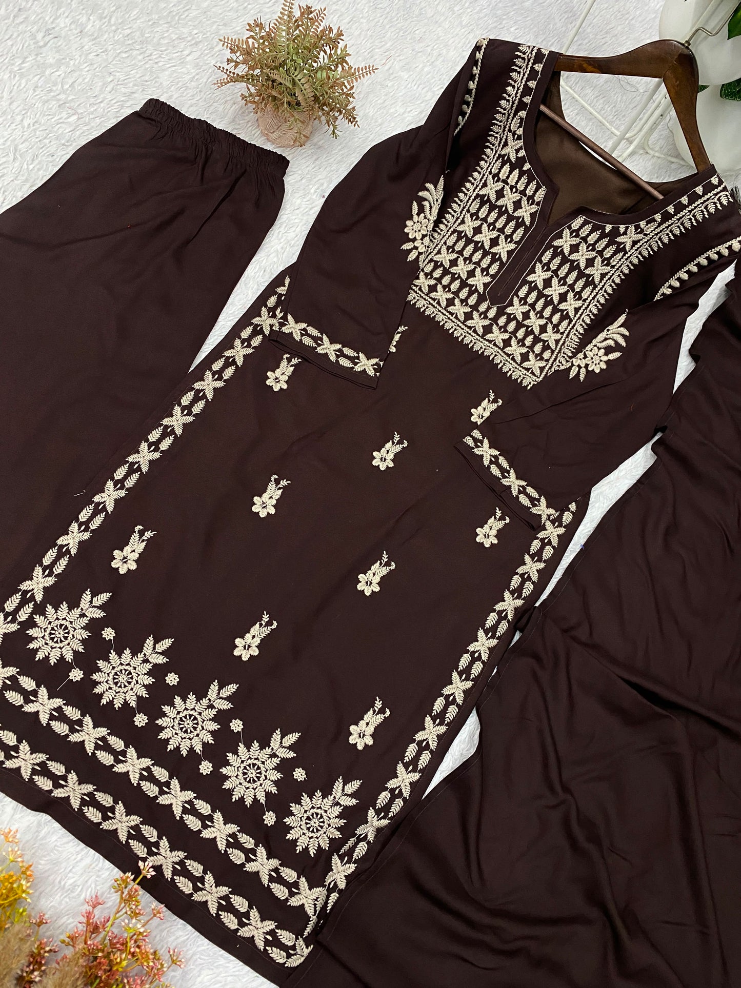THIS SEASON, TRY OUR DESIGNER CHIKANKARI EMBROIDERED WORKED TOP PLAZZO WITH DUPATTA