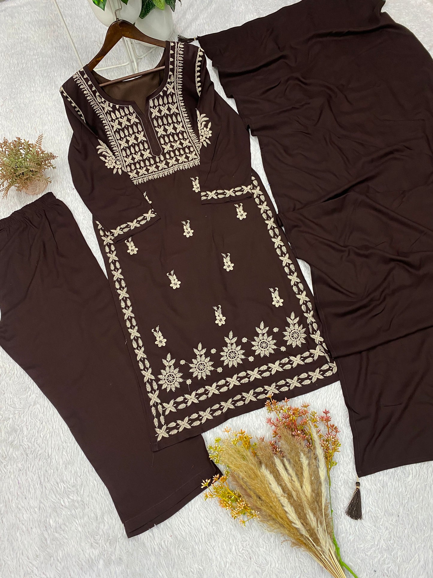 THIS SEASON, TRY OUR DESIGNER CHIKANKARI EMBROIDERED WORKED TOP PLAZZO WITH DUPATTA