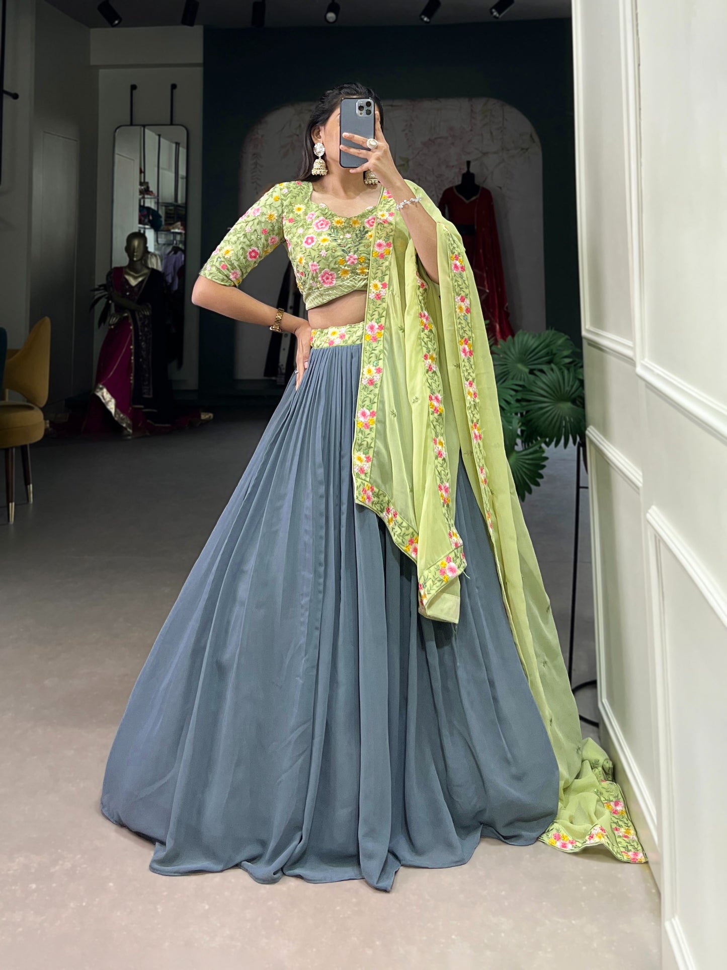 Radiate Soft Glamour in Gray and Pista Bridesmaid Attire 🩶