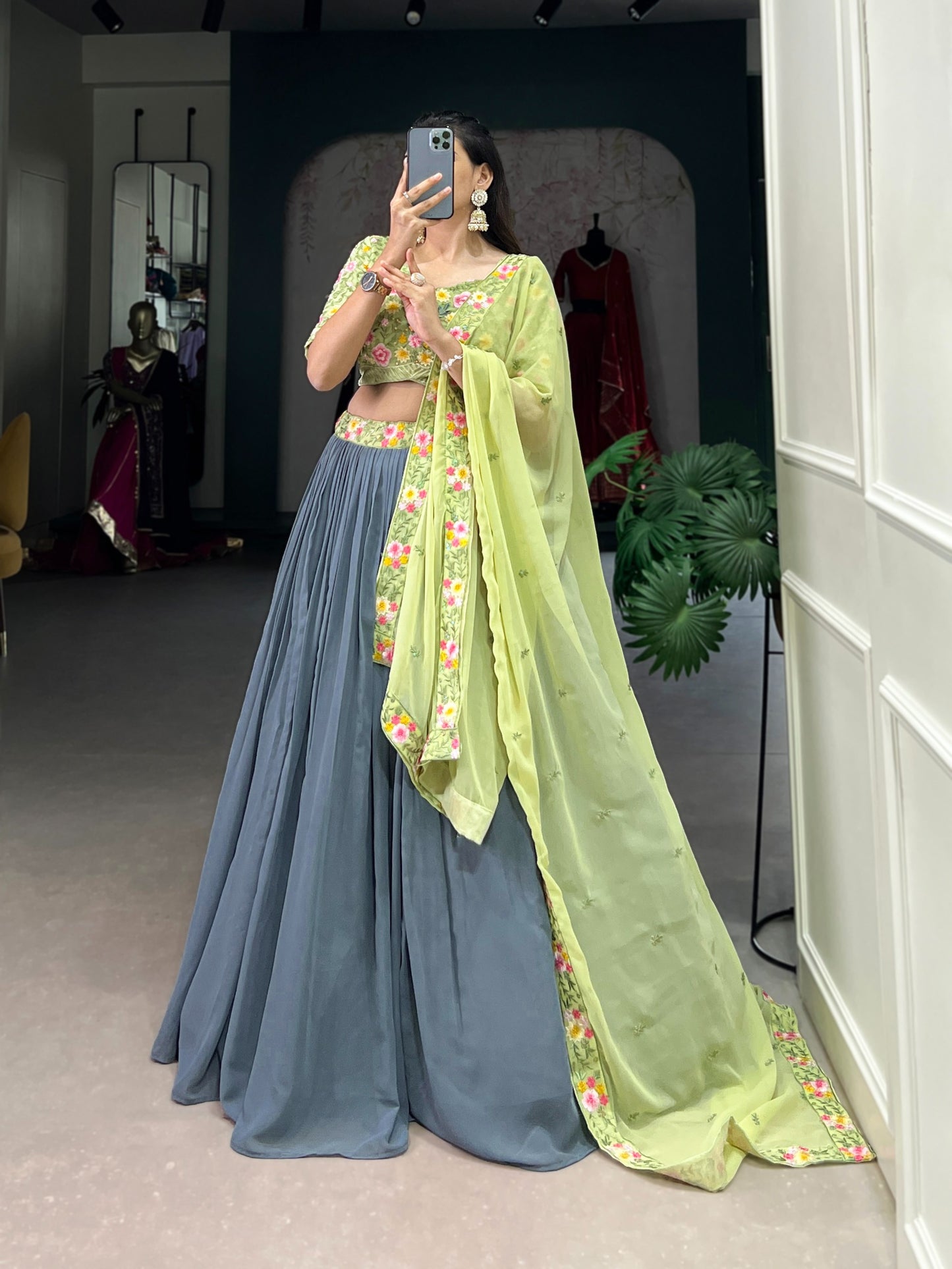 Radiate Soft Glamour in Gray and Pista Bridesmaid Attire 🩶