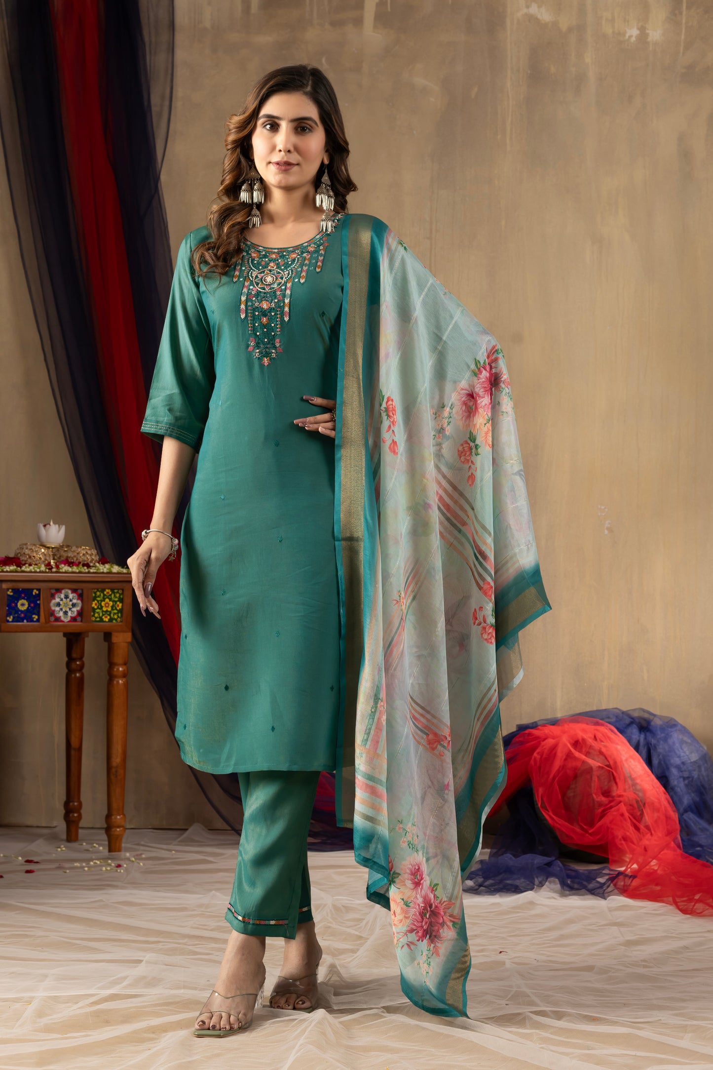 Elegant Teal Green Silk-Blend Kurta Set with Intricate Zari and Resham Neckline Embroidery, Tailored Straight Pants, and a Contrasting Floral Organza Dupatta