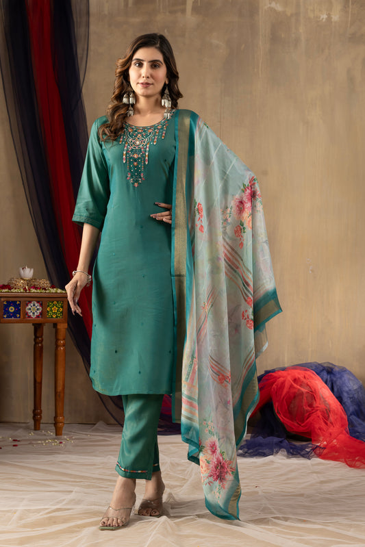 Elegant Teal Green Silk-Blend Kurta Set with Intricate Zari and Resham Neckline Embroidery, Tailored Straight Pants, and a Contrasting Floral Organza Dupatta
