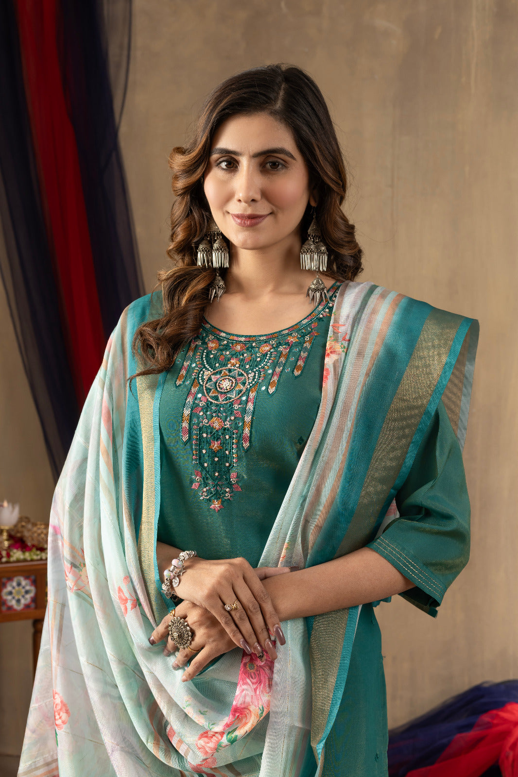Elegant Teal Green Silk-Blend Kurta Set with Intricate Zari and Resham Neckline Embroidery, Tailored Straight Pants, and a Contrasting Floral Organza Dupatta