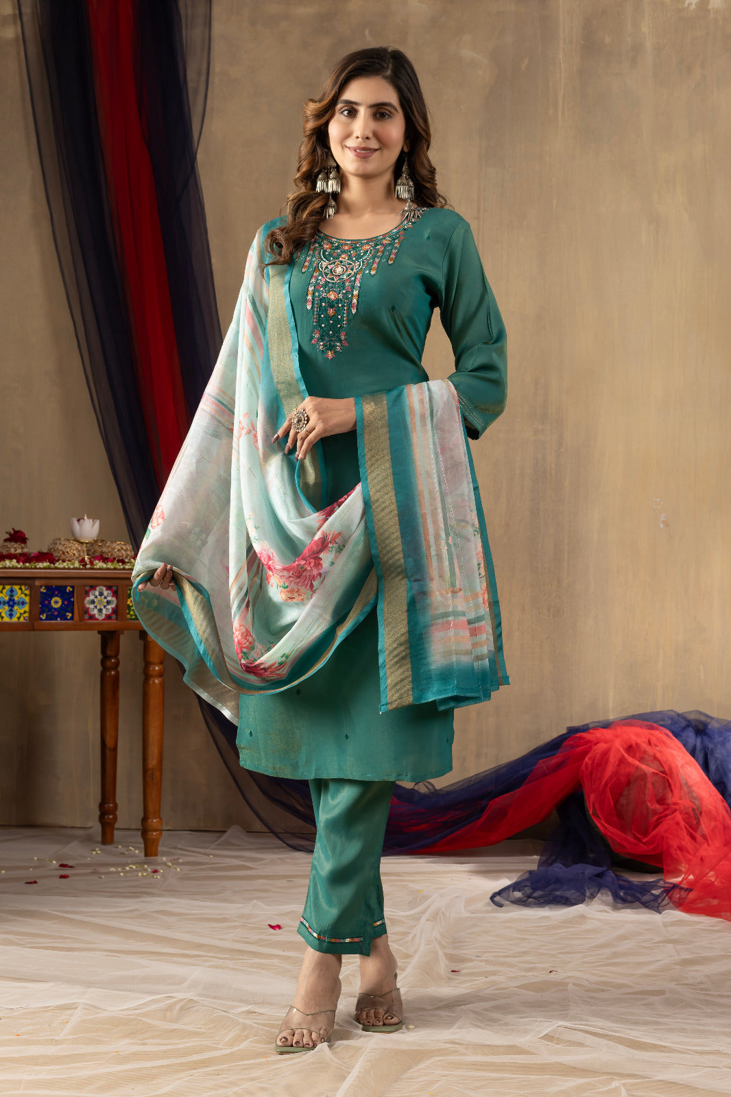 Elegant Teal Green Silk-Blend Kurta Set with Intricate Zari and Resham Neckline Embroidery, Tailored Straight Pants, and a Contrasting Floral Organza Dupatta