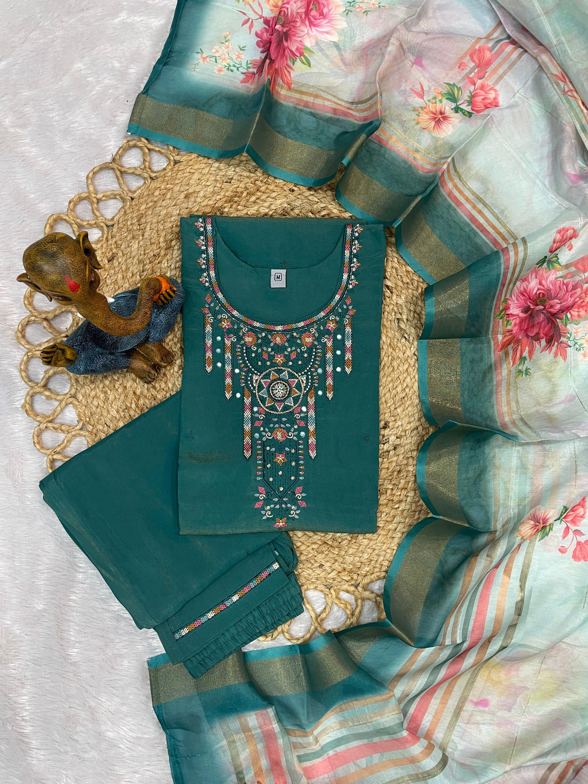 Elegant Teal Green Silk-Blend Kurta Set with Intricate Zari and Resham Neckline Embroidery, Tailored Straight Pants, and a Contrasting Floral Organza Dupatta