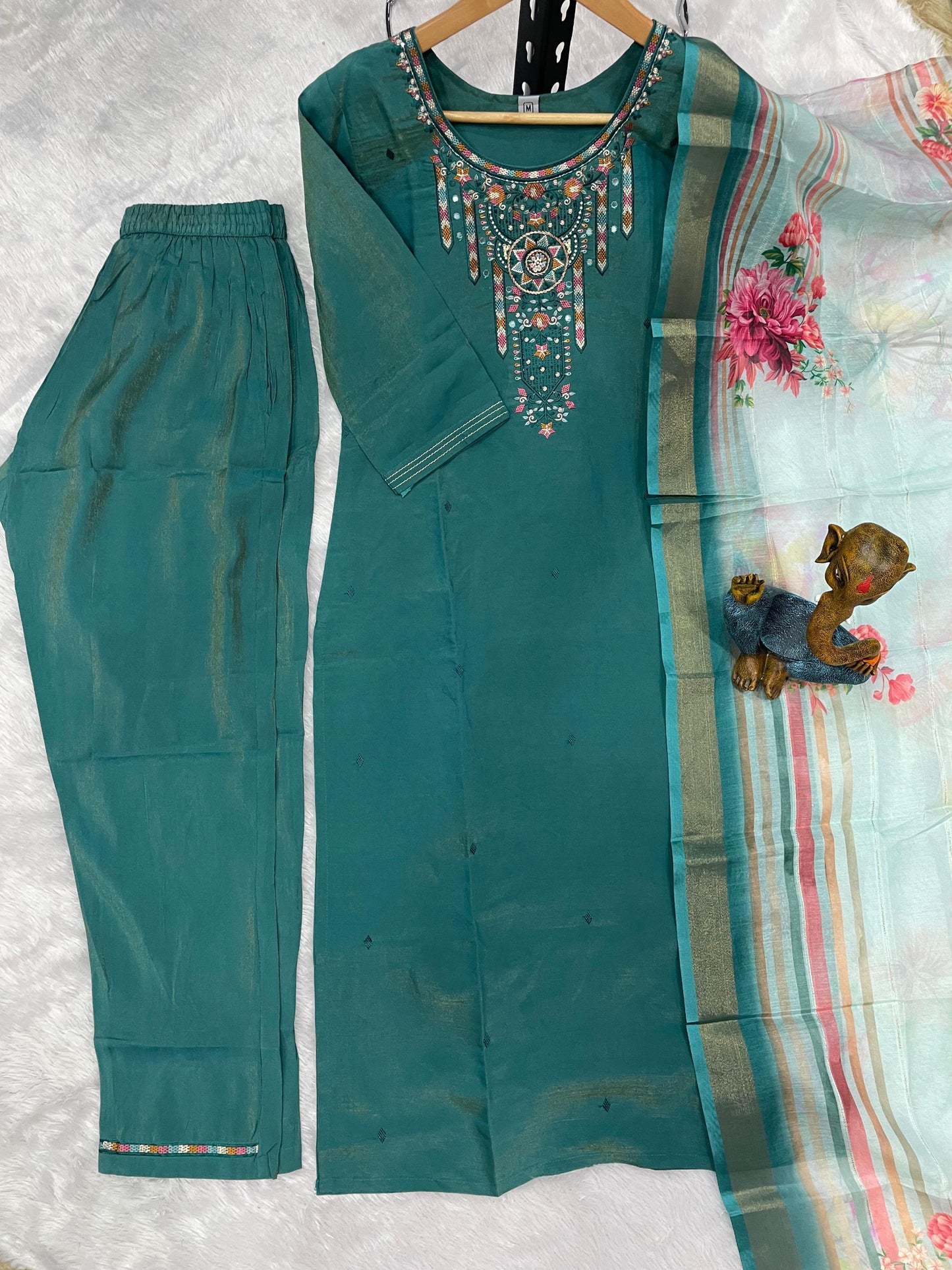 Elegant Teal Green Silk-Blend Kurta Set with Intricate Zari and Resham Neckline Embroidery, Tailored Straight Pants, and a Contrasting Floral Organza Dupatta