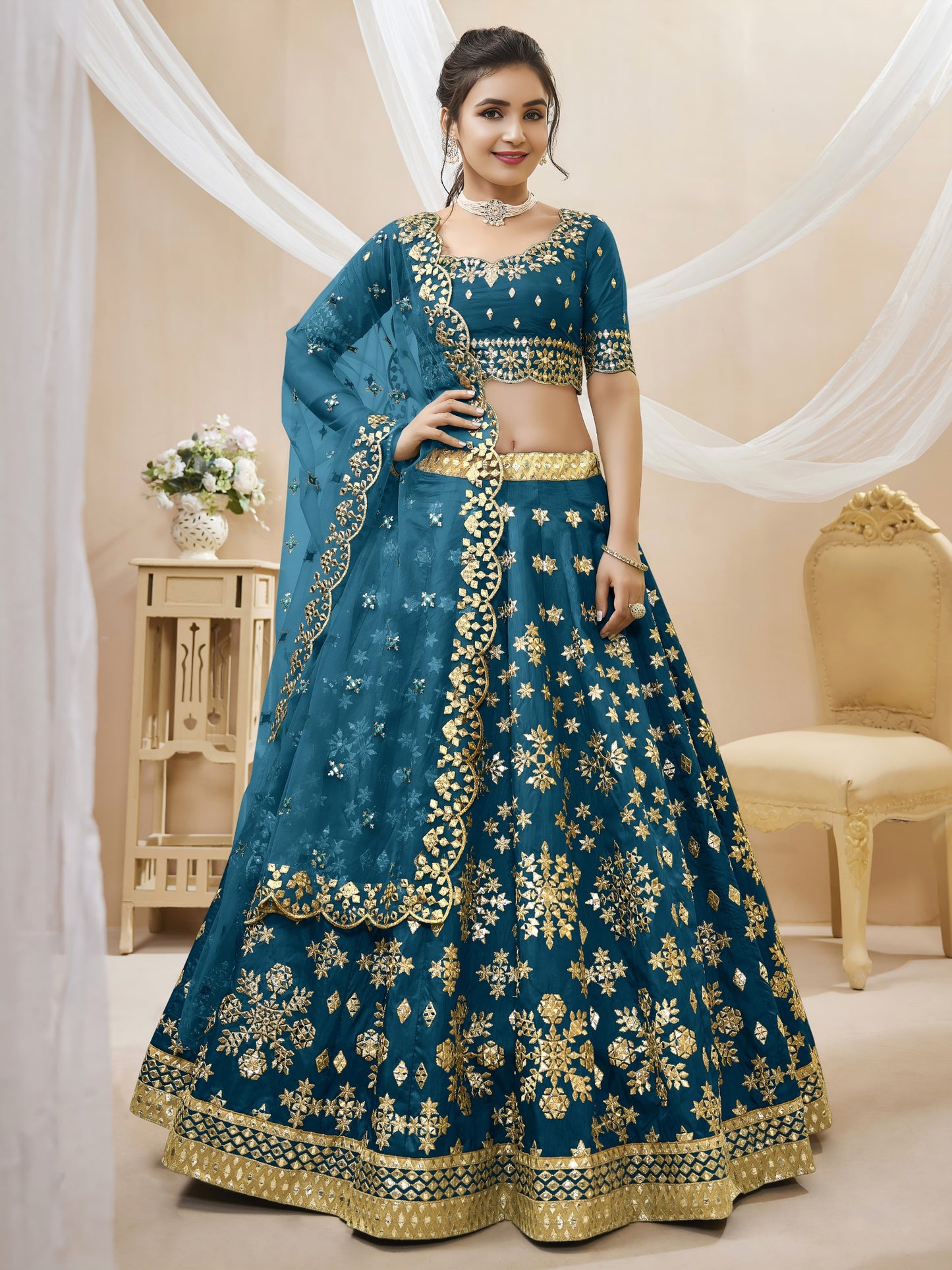 💙Peacock Blue Golden Festive Lehenga Choli ✨ 💙