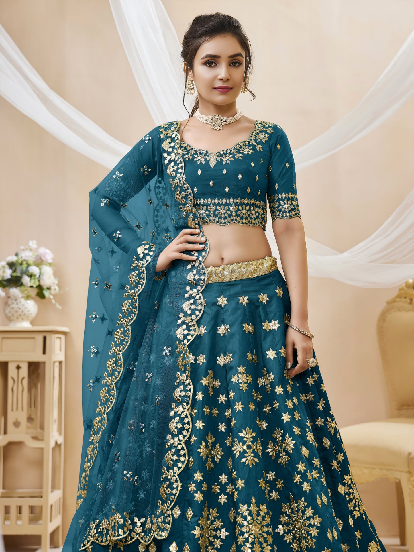 💙Peacock Blue Golden Festive Lehenga Choli ✨ 💙