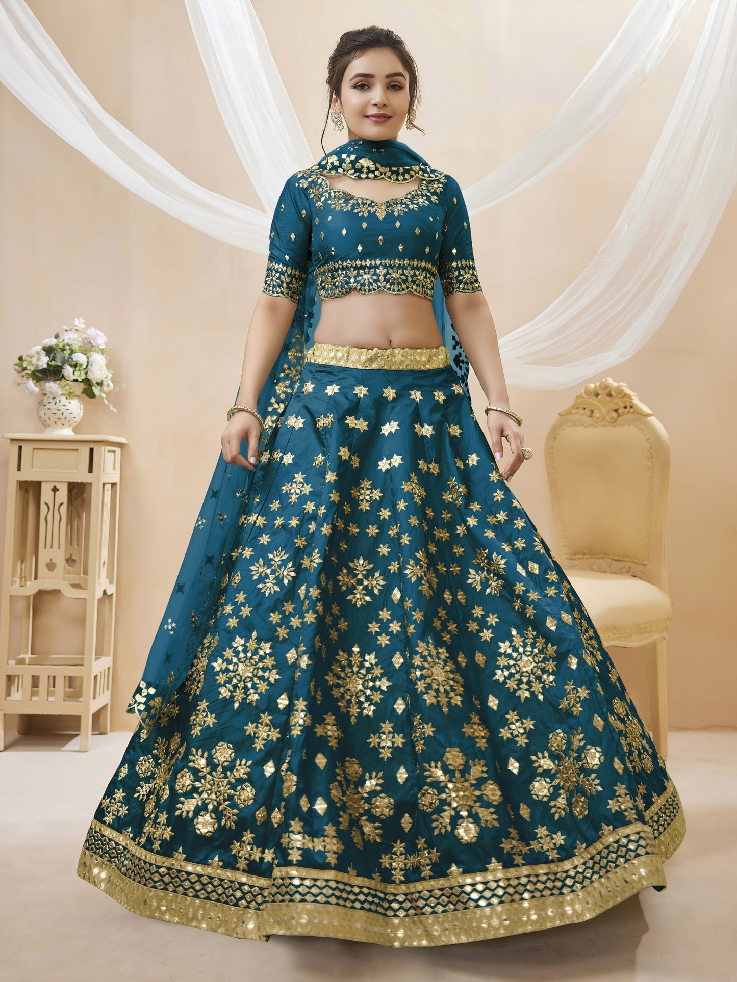 💙Peacock Blue Golden Festive Lehenga Choli ✨ 💙