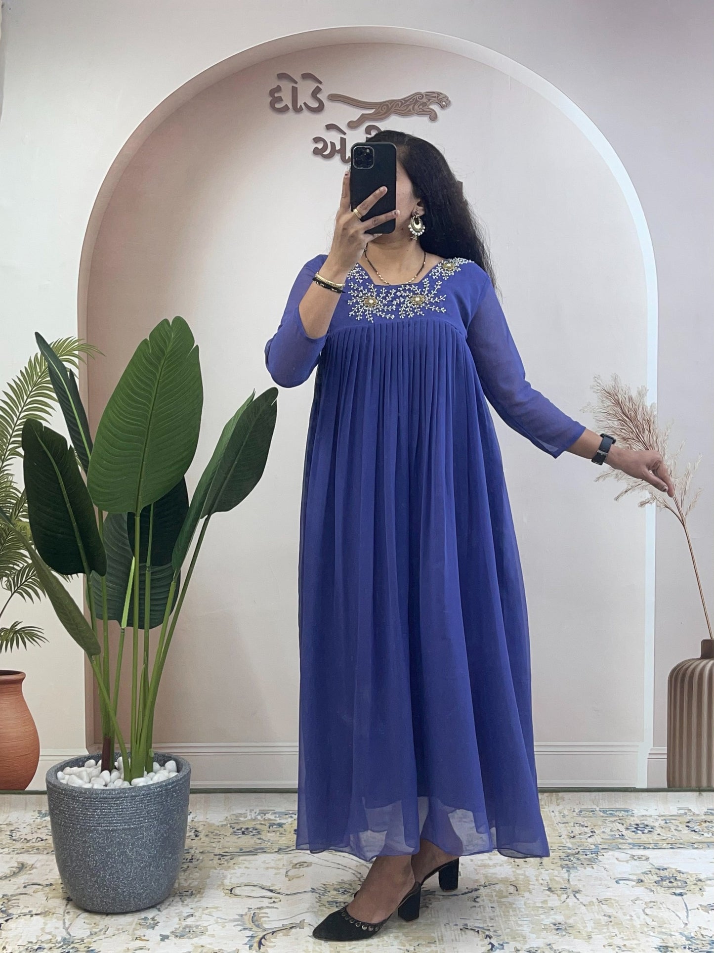 Premium Georgette Hand Embroidered Neck Pleated Flared Ethnic Gown | Women's Traditional Long Anarkali Kurti Dress for Weddings, Festivals & Special Occasions (Multi-Color Pack)