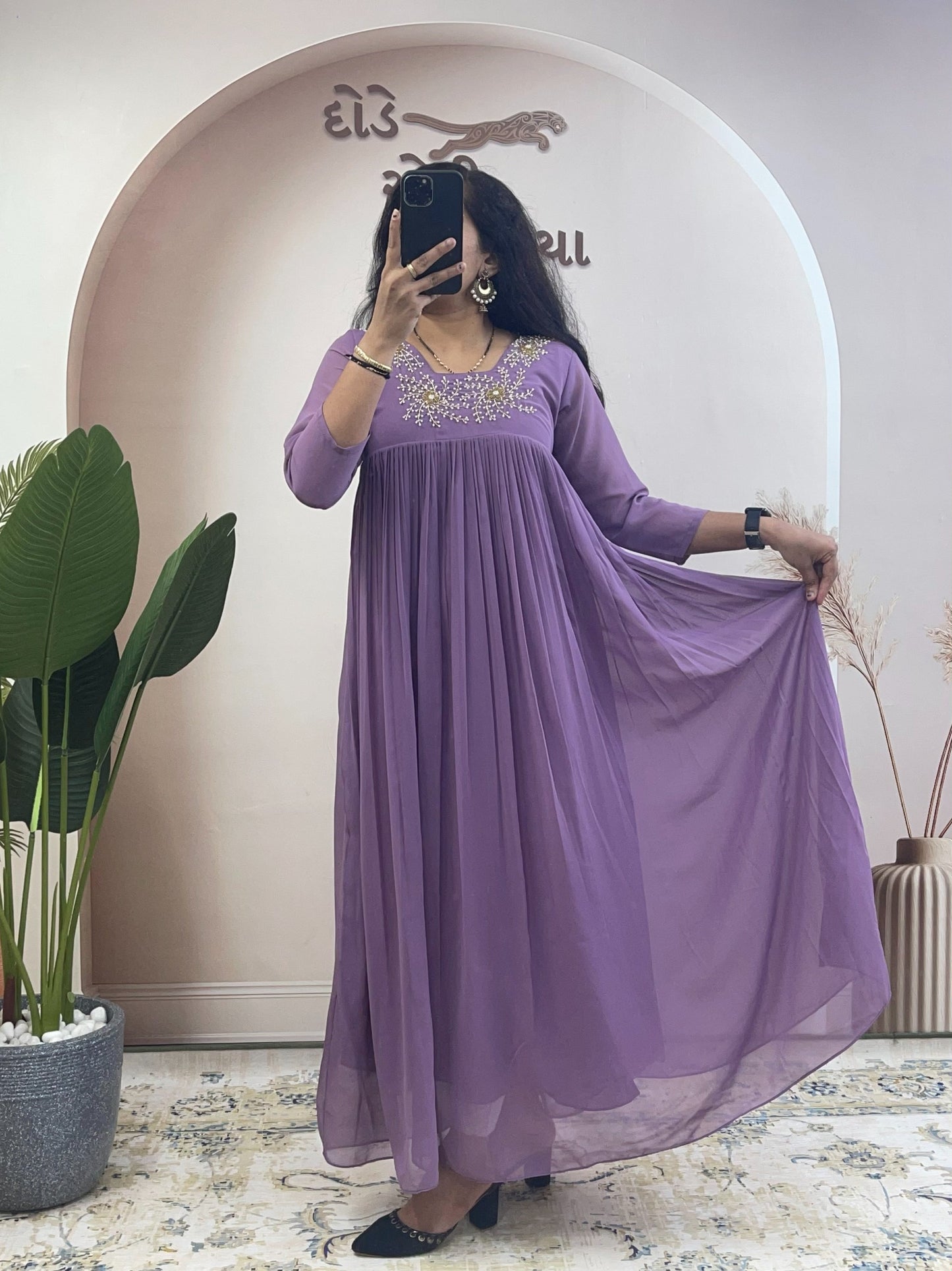 Premium Georgette Hand Embroidered Neck Pleated Flared Ethnic Gown | Women's Traditional Long Anarkali Kurti Dress for Weddings, Festivals & Special Occasions (Multi-Color Pack)