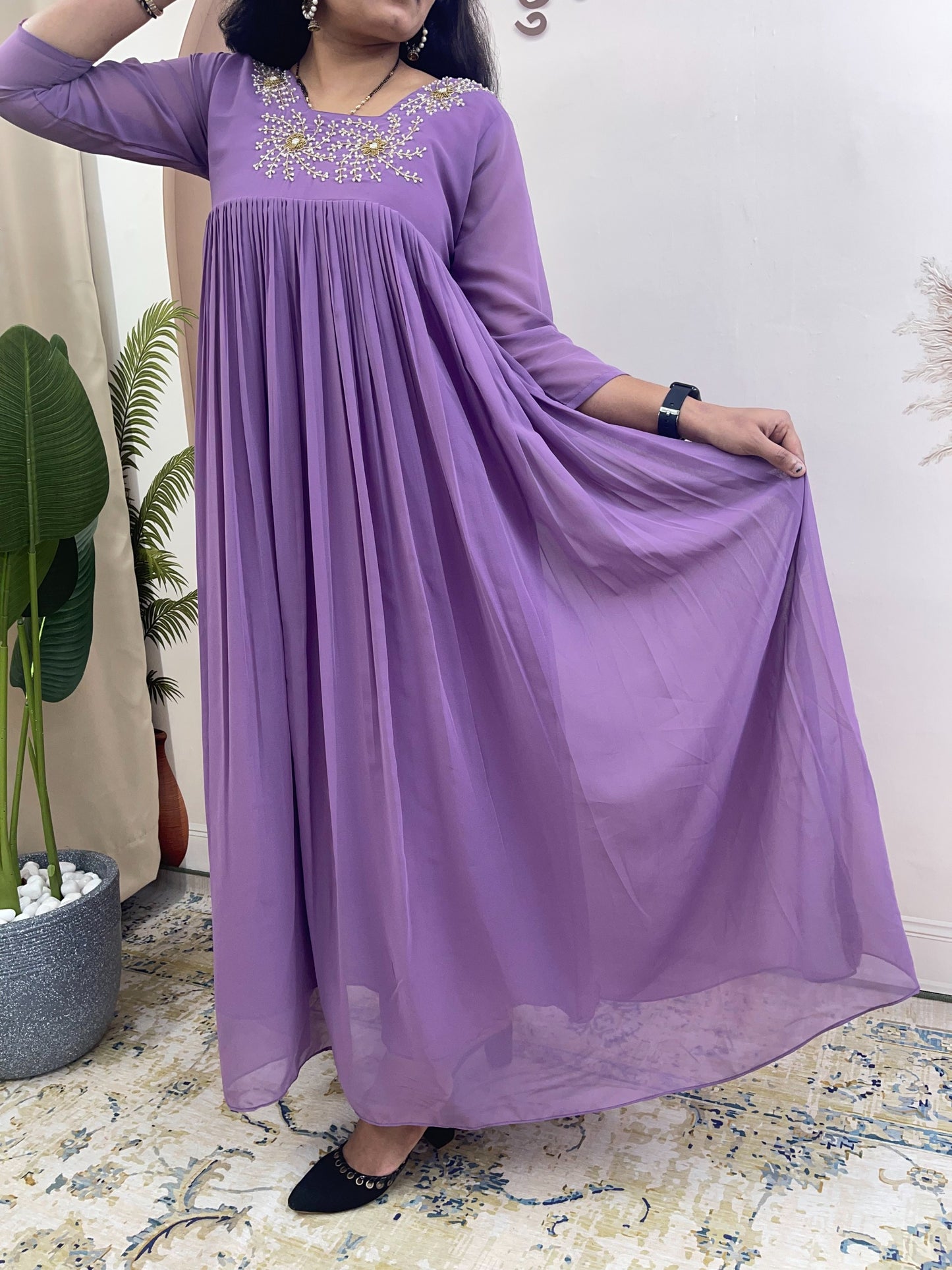 Premium Georgette Hand Embroidered Neck Pleated Flared Ethnic Gown | Women's Traditional Long Anarkali Kurti Dress for Weddings, Festivals & Special Occasions (Multi-Color Pack)