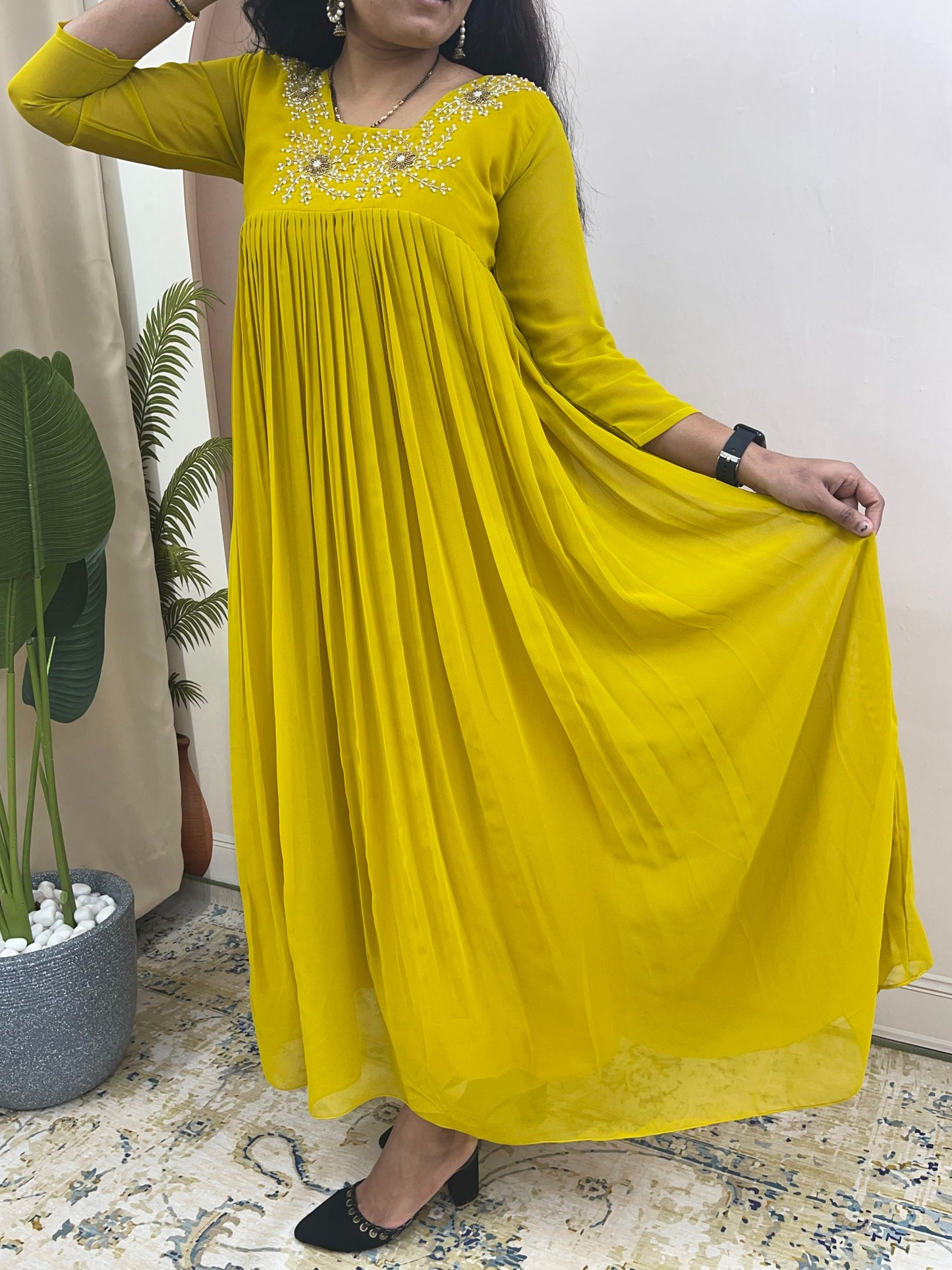 Premium Georgette Hand Embroidered Neck Pleated Flared Ethnic Gown | Women's Traditional Long Anarkali Kurti Dress for Weddings, Festivals & Special Occasions (Multi-Color Pack)