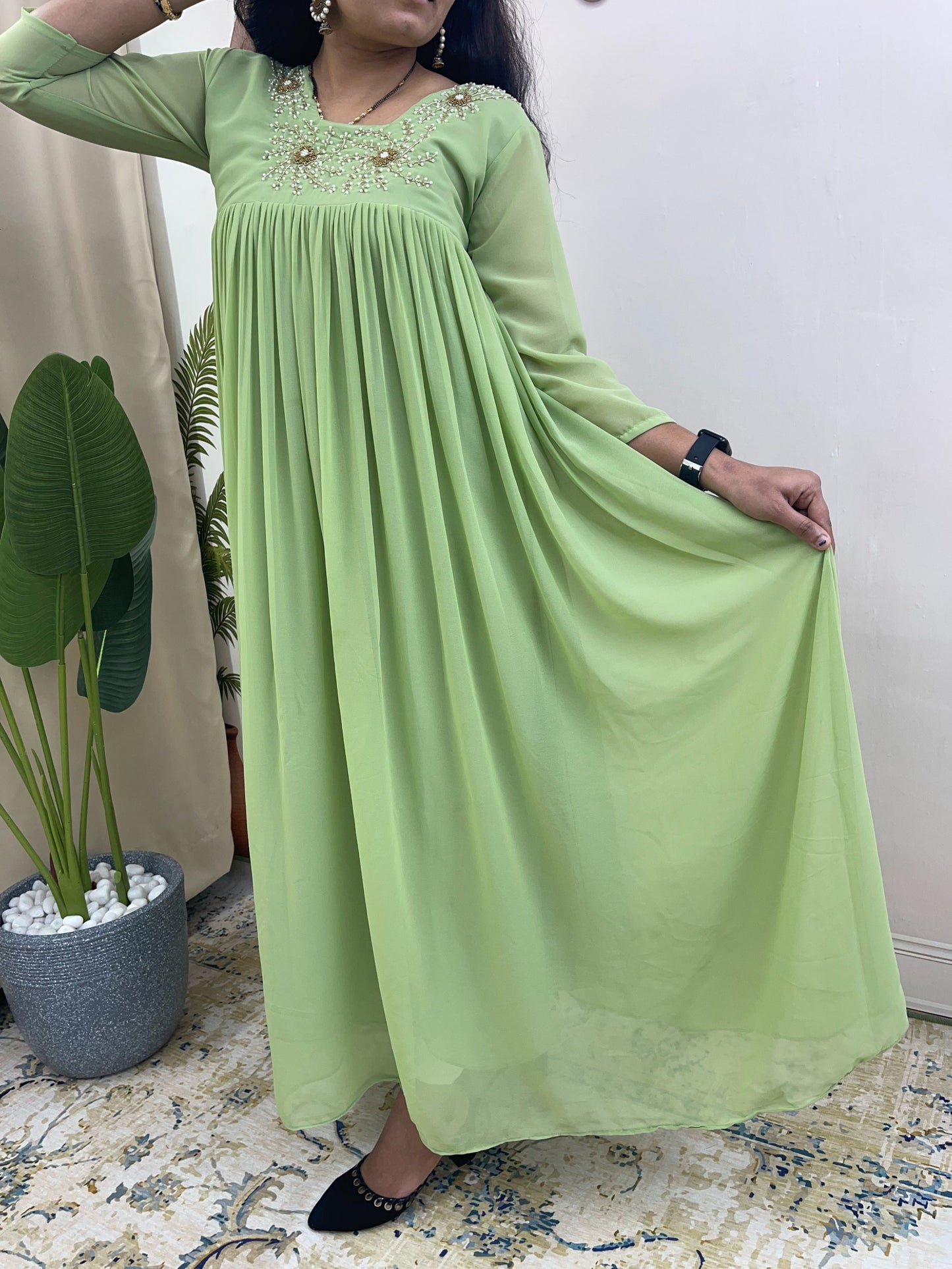 Premium Georgette Hand Embroidered Neck Pleated Flared Ethnic Gown | Women's Traditional Long Anarkali Kurti Dress for Weddings, Festivals & Special Occasions (Multi-Color Pack)