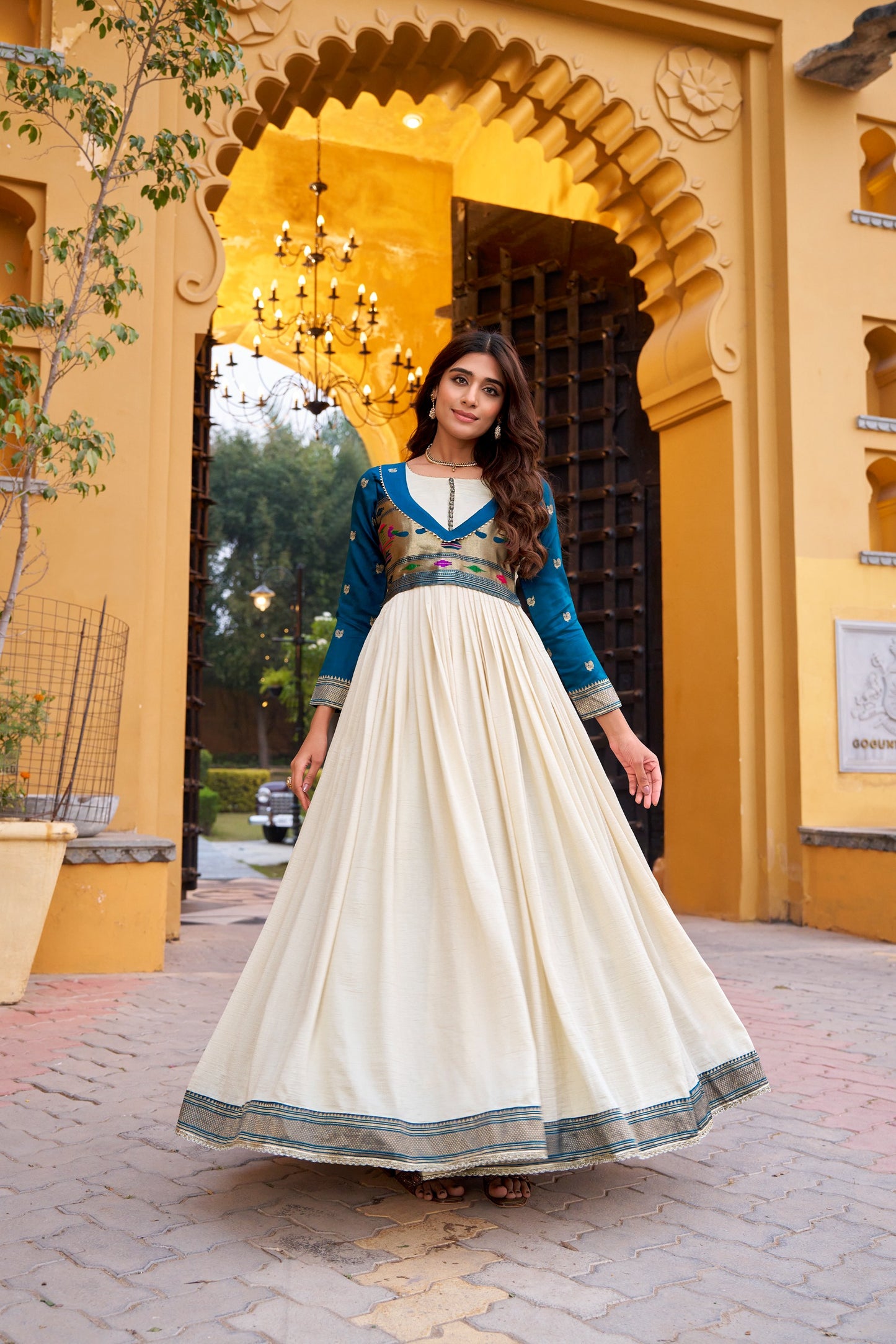 An elegant blend of comfort and tradition, designed in luxurious Vichitra Silk with a beautifully flowing flair