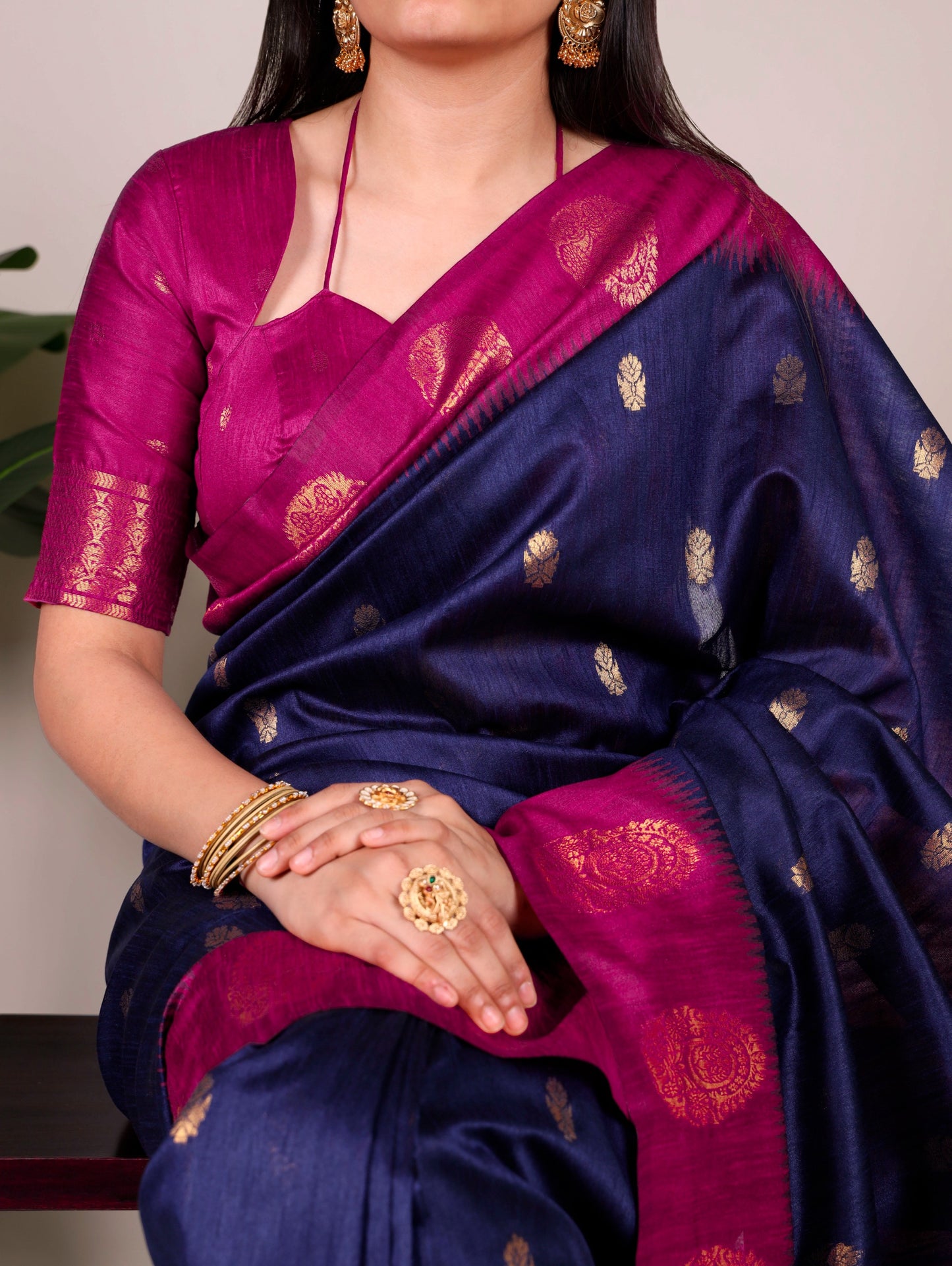 The smooth poly cotton fabric paired with beautiful zari weaving makes this saree a graceful choice for festive and ethnic occasions
