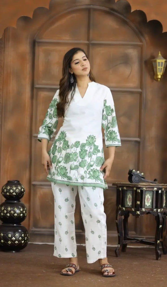 Elegant White and Green Lotus Print Cotton Kurta Pant Set for Women