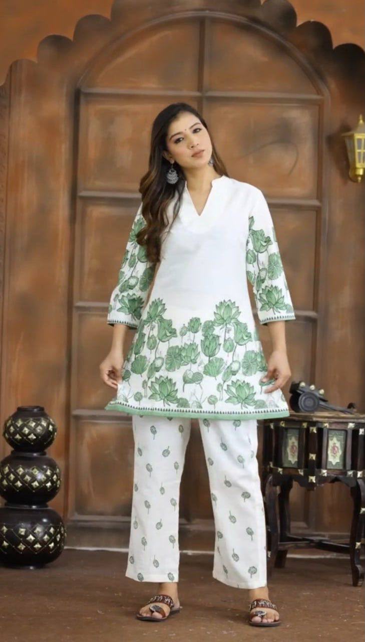 Elegant White and Green Lotus Print Cotton Kurta Pant Set for Women