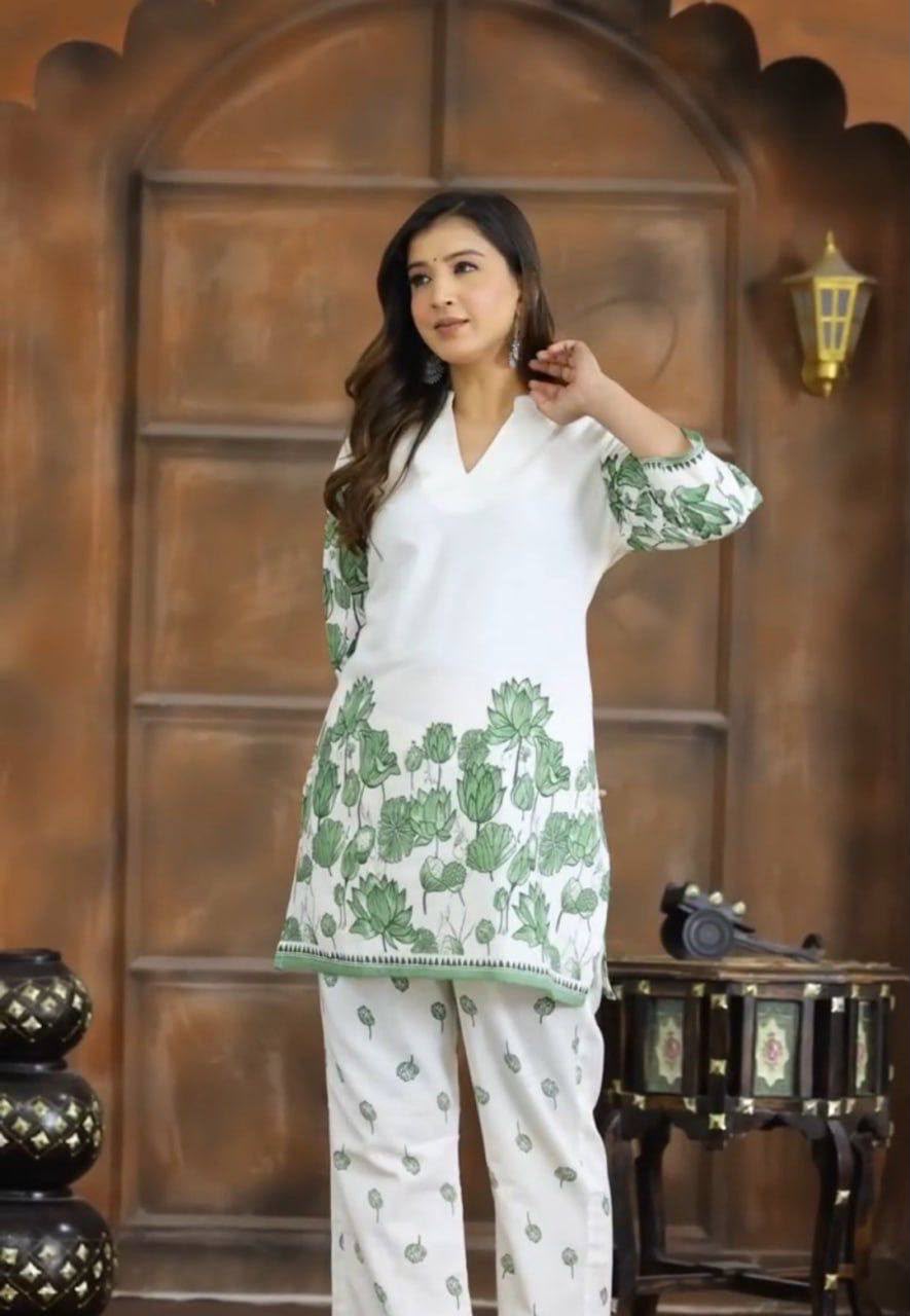 Elegant White and Green Lotus Print Cotton Kurta Pant Set for Women