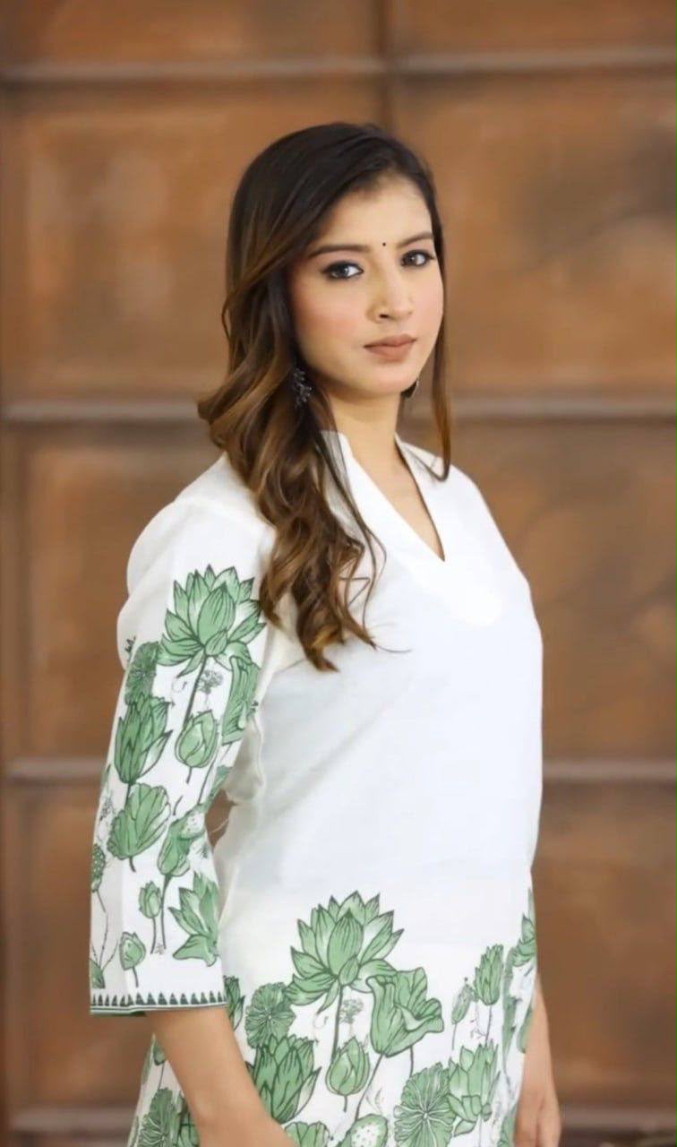 Elegant White and Green Lotus Print Cotton Kurta Pant Set for Women