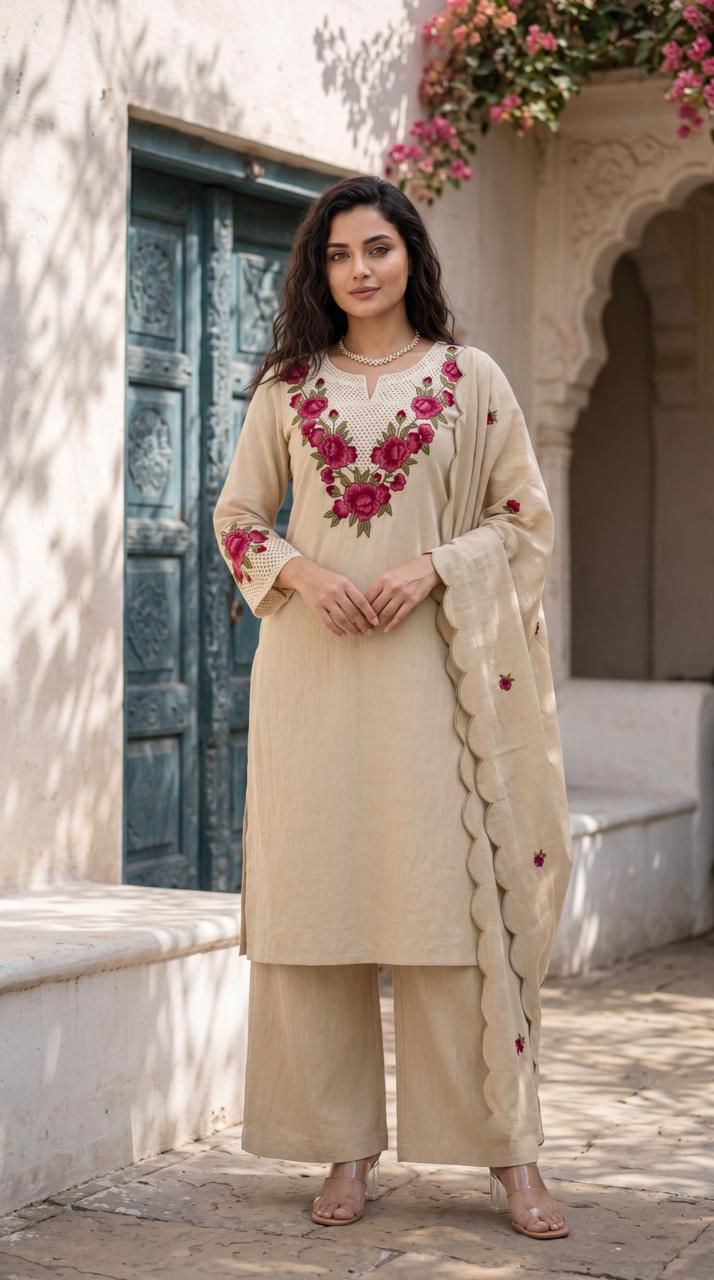 Elegant Beige Linen-Blend Kurta Set with Intricate Rose Pink Floral Embroidery, Matching Wide-Leg Palazzo Pants, and Scalloped-Edge Dupatta