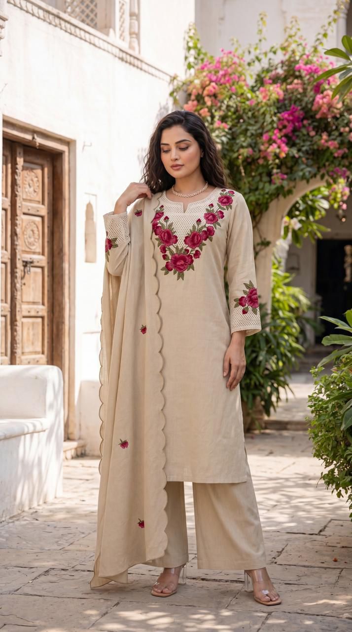 Elegant Beige Linen-Blend Kurta Set with Intricate Rose Pink Floral Embroidery, Matching Wide-Leg Palazzo Pants, and Scalloped-Edge Dupatta
