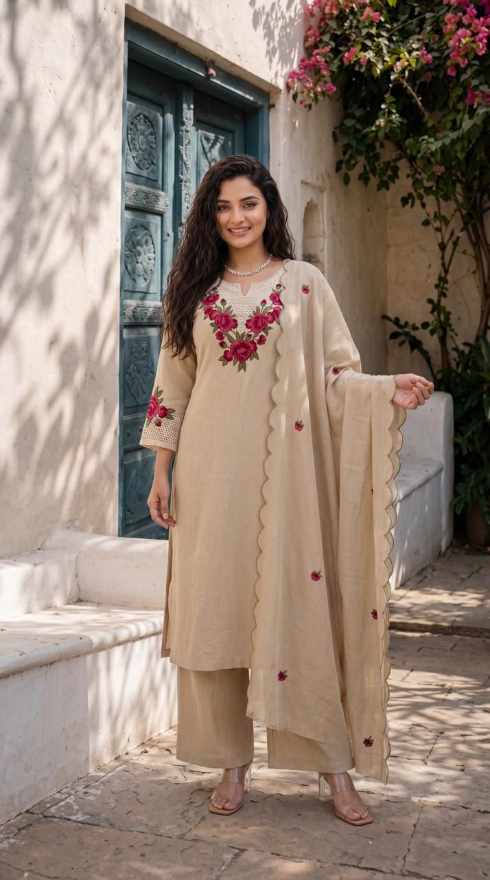 Elegant Beige Linen-Blend Kurta Set with Intricate Rose Pink Floral Embroidery, Matching Wide-Leg Palazzo Pants, and Scalloped-Edge Dupatta