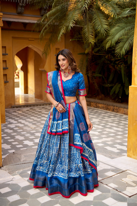 Dola silk lehenga choli featuring traditional batik art—made to stand out beautifully 🍁