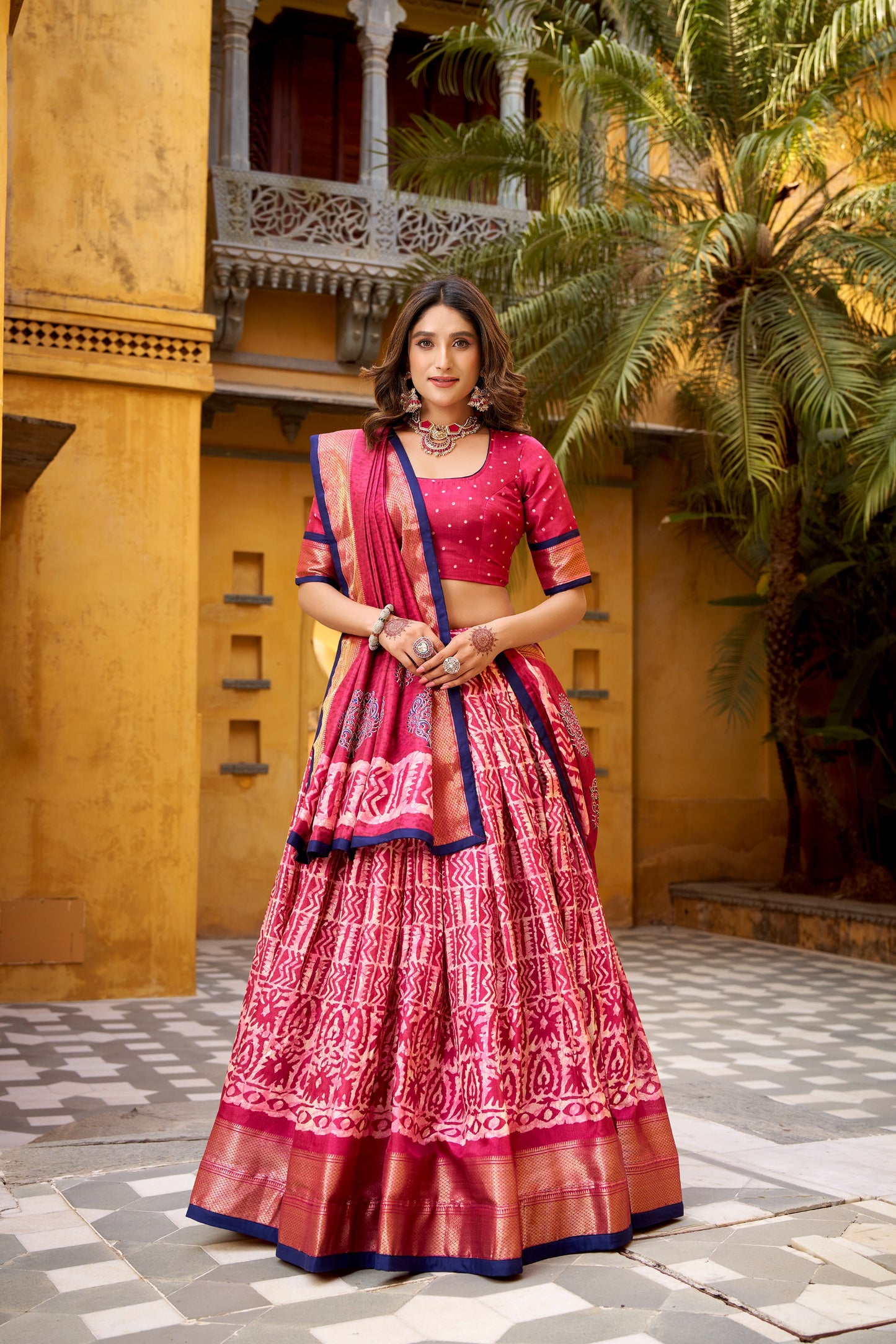 Dola silk lehenga choli featuring traditional batik art—made to stand out beautifully 🍁