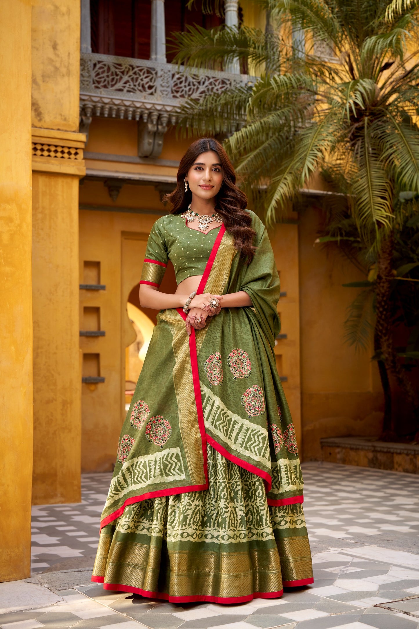 Dola silk lehenga choli featuring traditional batik art—made to stand out beautifully 🍁
