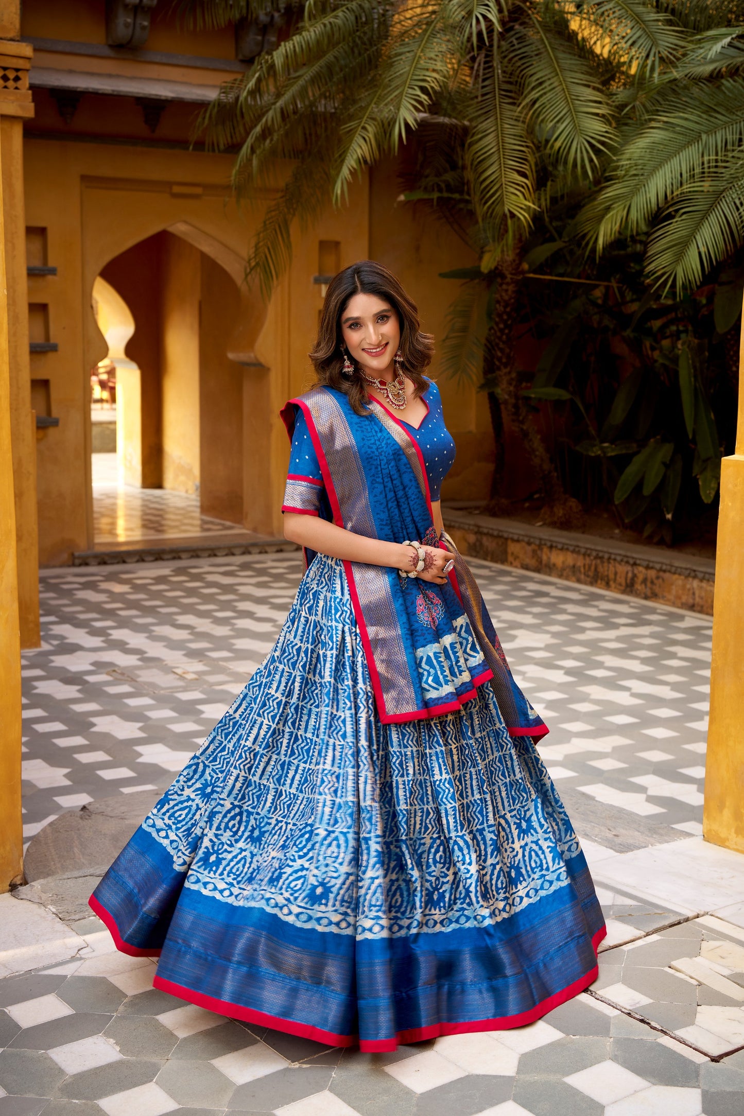 Dola silk lehenga choli featuring traditional batik art—made to stand out beautifully 🍁
