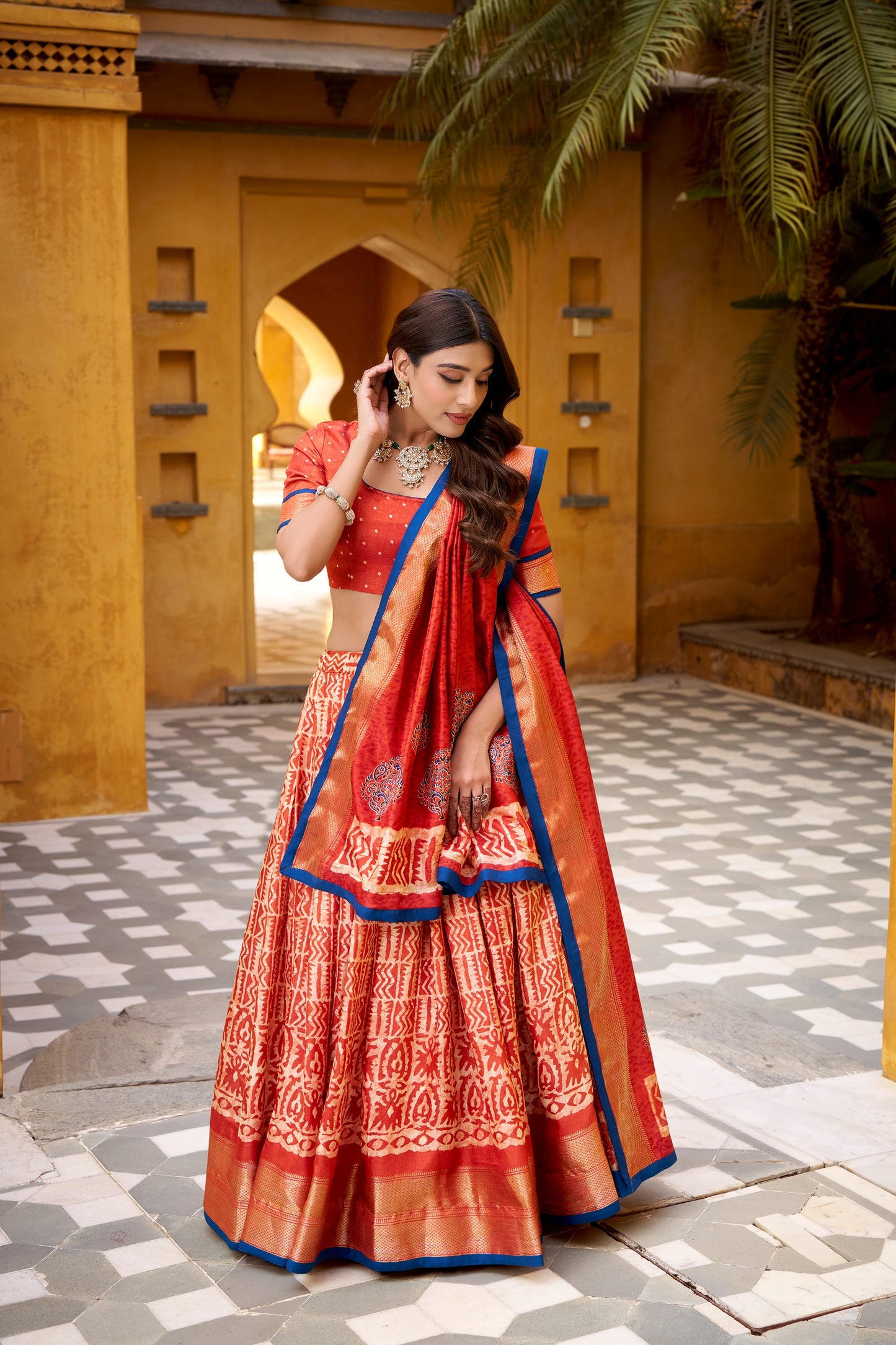 Dola silk lehenga choli featuring traditional batik art—made to stand out beautifully 🍁